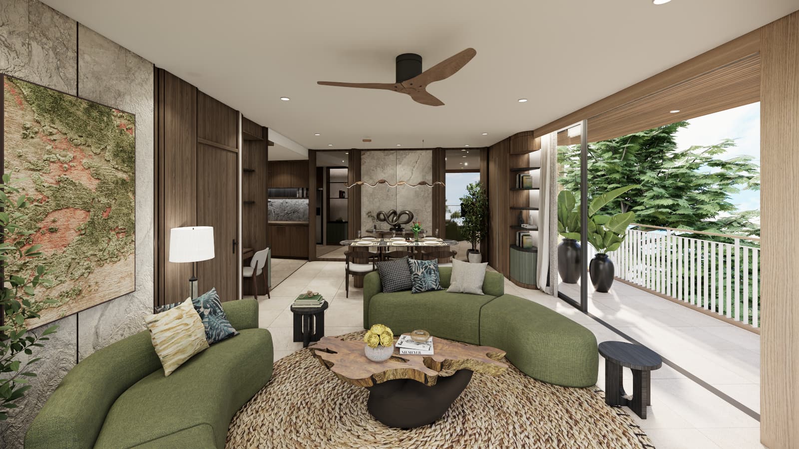ภาพจำลองห้องนั่งเล่นและรับประทานอาหารของห้องสามห้องนอนในอาคาร Hibiscus ที่ Bellaguna Golf Residences เปิดออกสู่ระเบียง