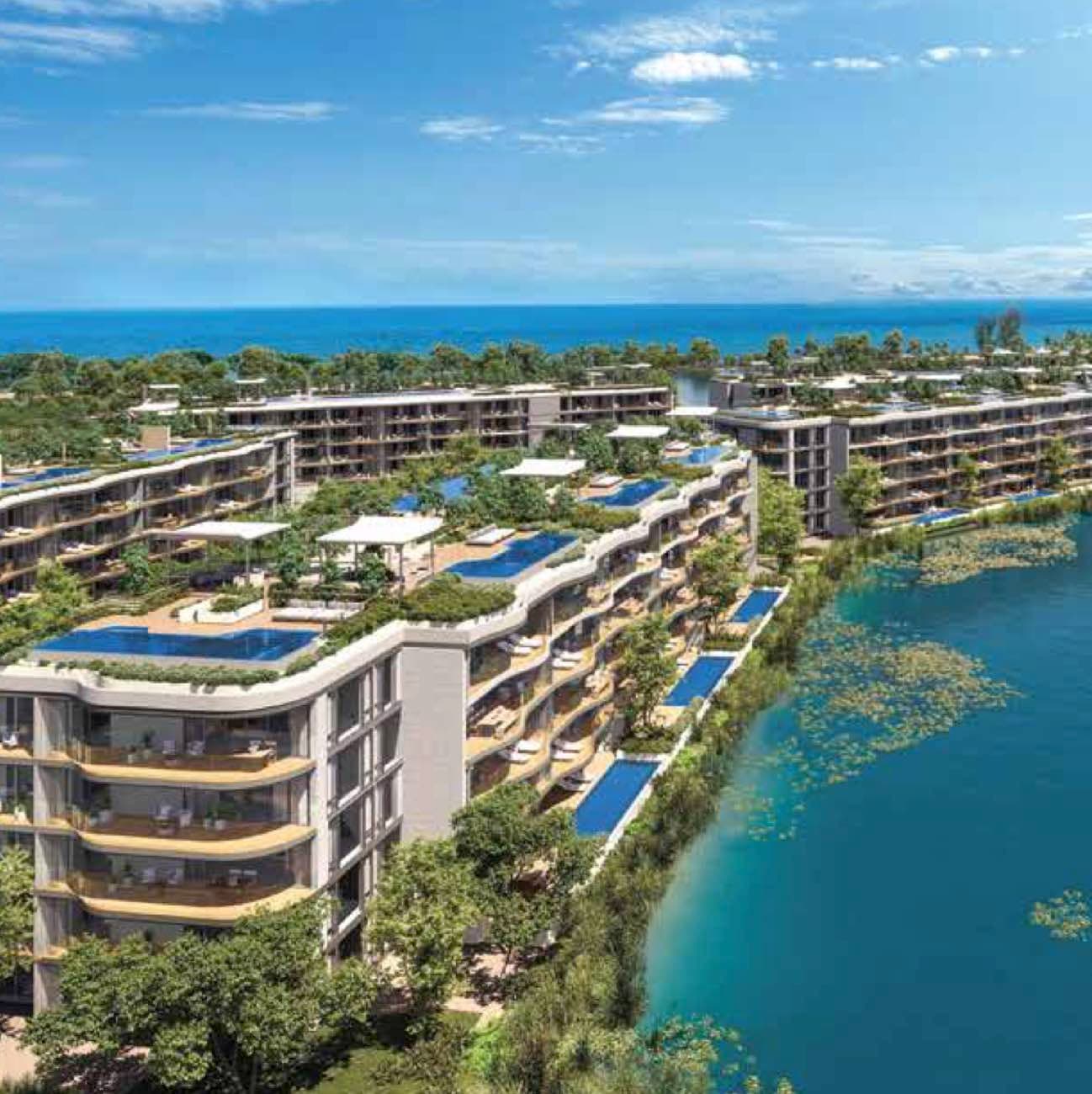 ภาพจำลองมุมสูงของ Bellaguna Lake Residences Lotus อาคารทรงโค้งเรียงไปตามขอบลากูนภายใน Laguna Phuket มีทะเลอันดามันอยู่ที่เส้นขอบฟ้า