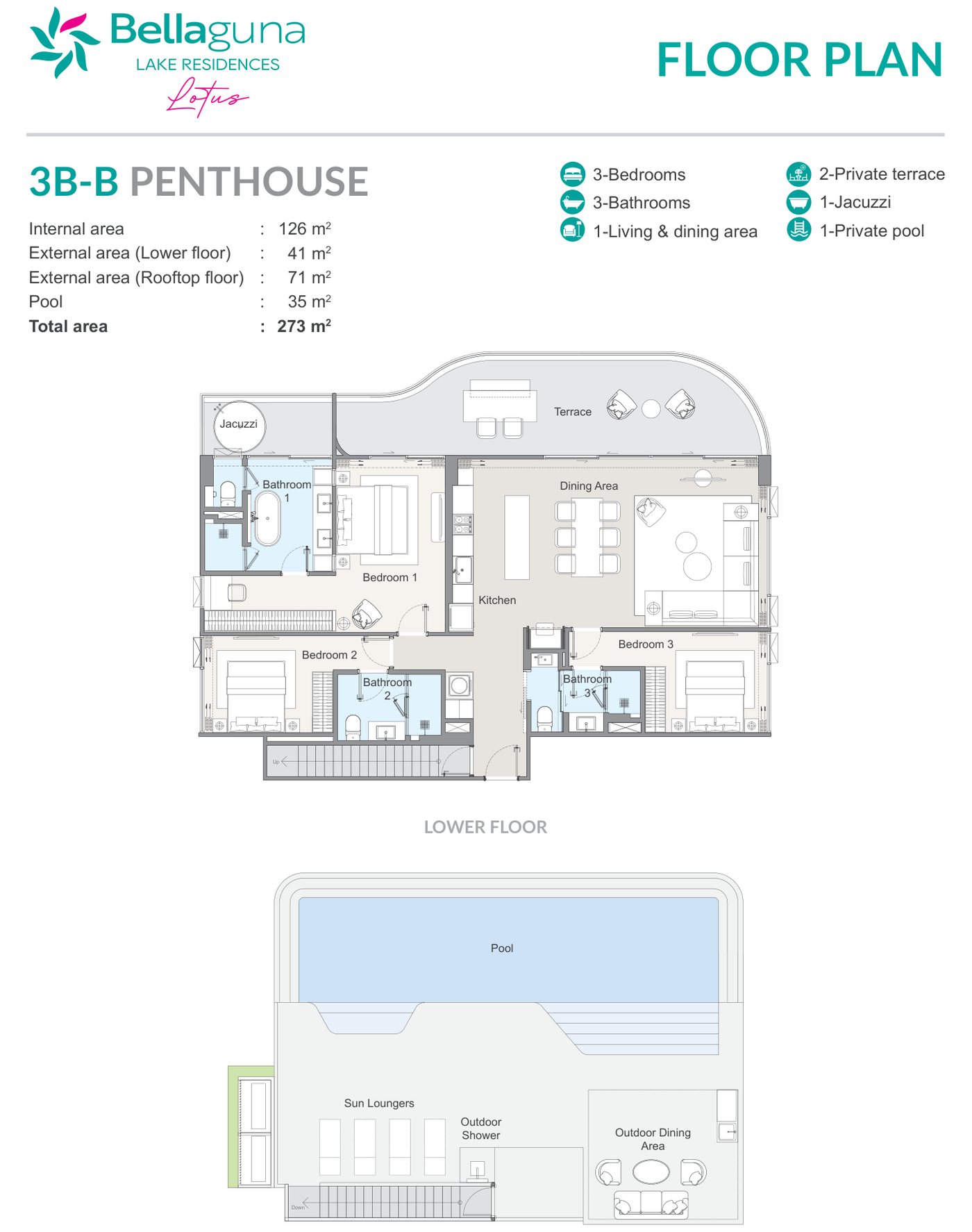 แบบแปลนของผู้พัฒนาสำหรับเพนท์เฮาส์สามห้องนอนแบบ 3B-B ที่ Bellaguna Lake Residences Lotus ชั้นล่างและดาดฟ้า: พื้นที่ภายใน 126 ตร.ม. ระเบียง 41 ตร.ม. ลานบนดาดฟ้า 71 ตร.ม. และสระ 35 ตร.ม. รวม 273 ตร.ม.