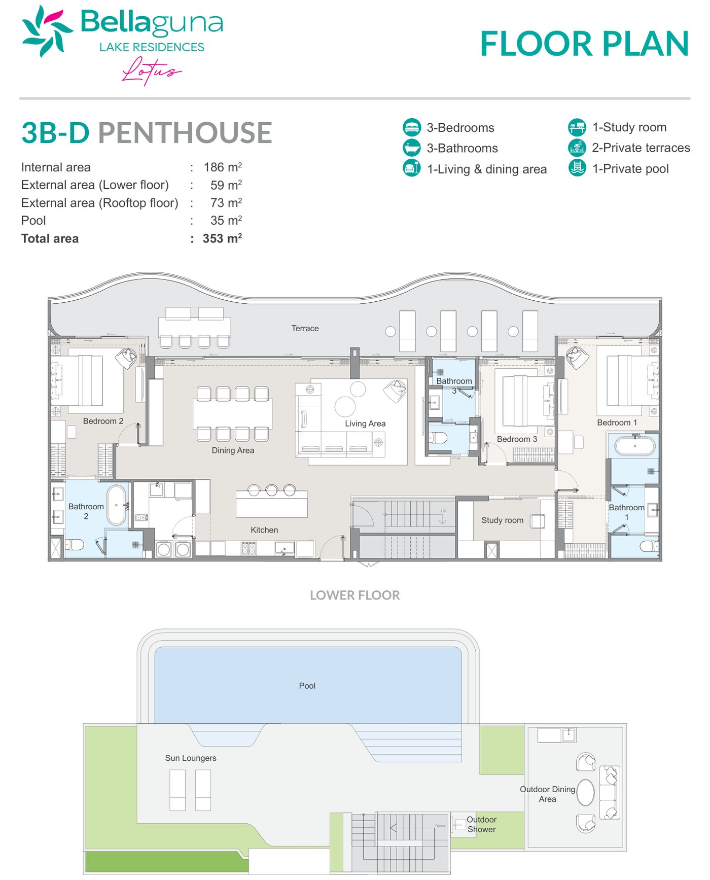 แบบแปลนของผู้พัฒนาสำหรับเพนท์เฮาส์สามห้องนอนแบบ 3B-D ที่ Bellaguna Lake Residences Lotus ชั้นล่างและดาดฟ้า: พื้นที่ภายใน 186 ตร.ม. พร้อมห้องทำงาน ระเบียง 59 ตร.ม. ลานบนดาดฟ้า 73 ตร.ม. และสระ 35 ตร.ม. รวม 353 ตร.ม.