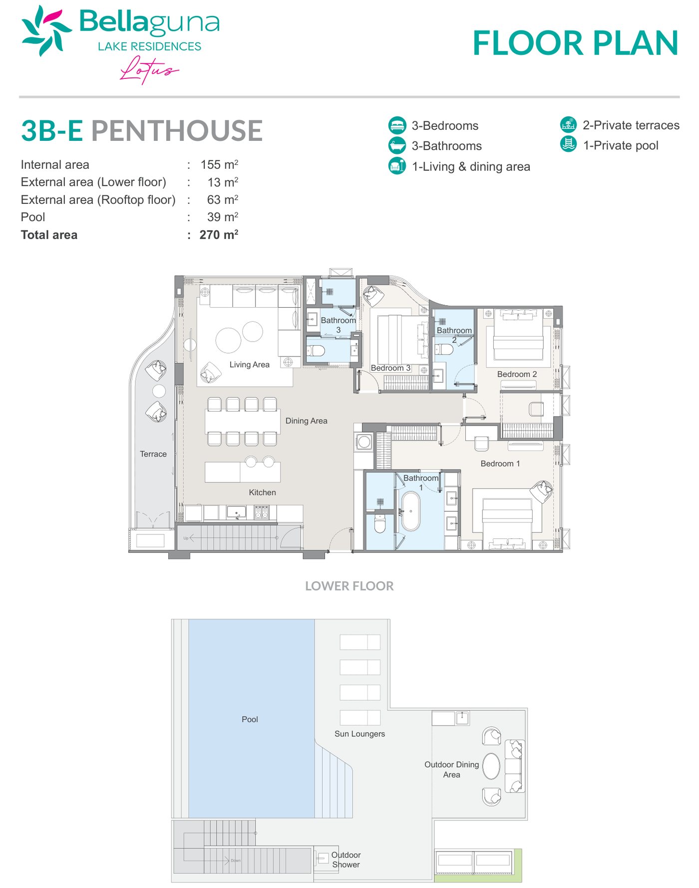 แบบแปลนของผู้พัฒนาสำหรับเพนท์เฮาส์สามห้องนอนแบบ 3B-E ที่ Bellaguna Lake Residences Lotus ชั้นล่างและดาดฟ้า: พื้นที่ภายใน 155 ตร.ม. ระเบียง 13 ตร.ม. ลานบนดาดฟ้า 63 ตร.ม. และสระ 39 ตร.ม. รวม 270 ตร.ม.