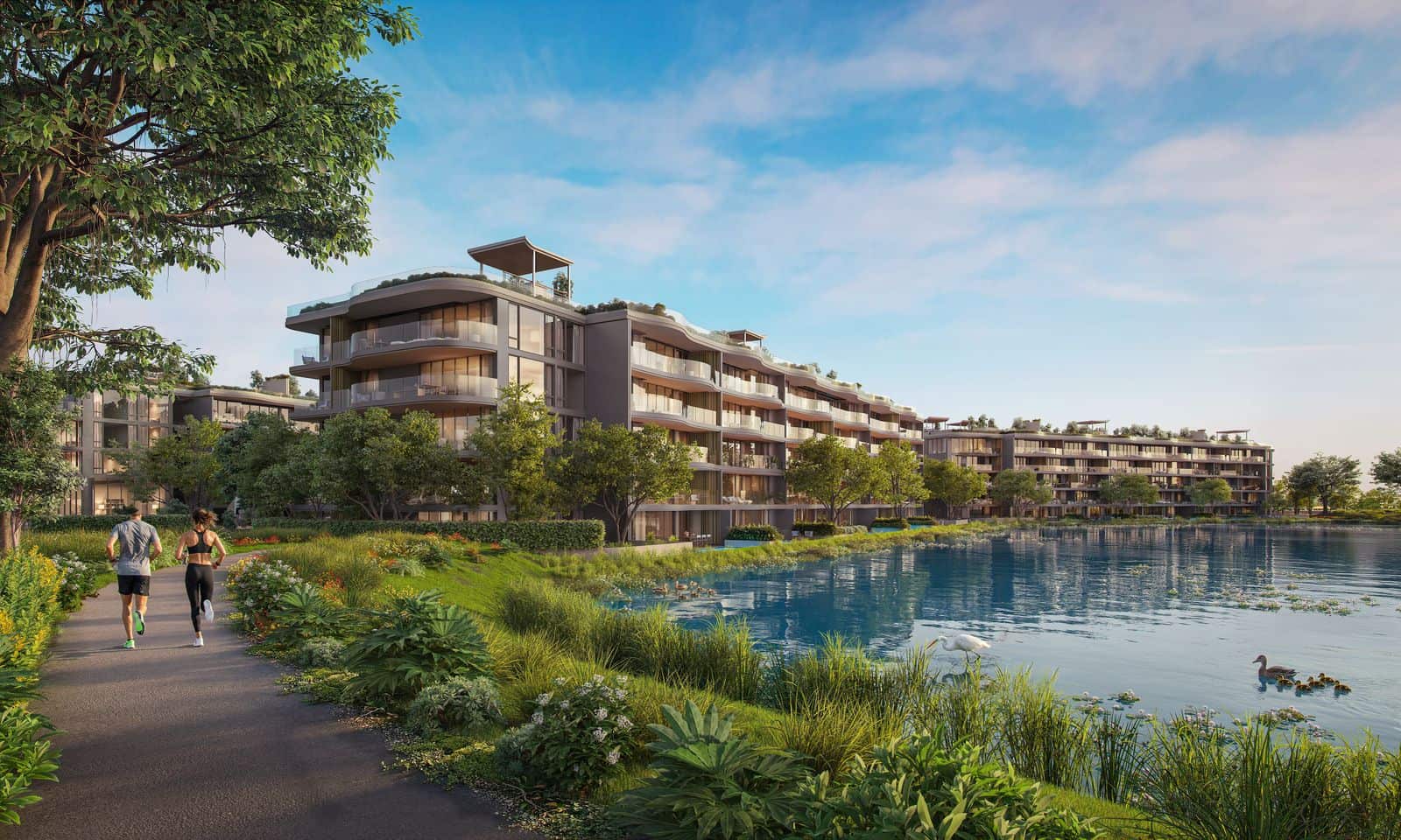 ภาพจำลองทางเดินริมลากูนที่ Bellaguna Lake Residences Lotus มีผู้คนเดินเล่น และอาคารเตี้ยอยู่ถัดจากขอบน้ำ