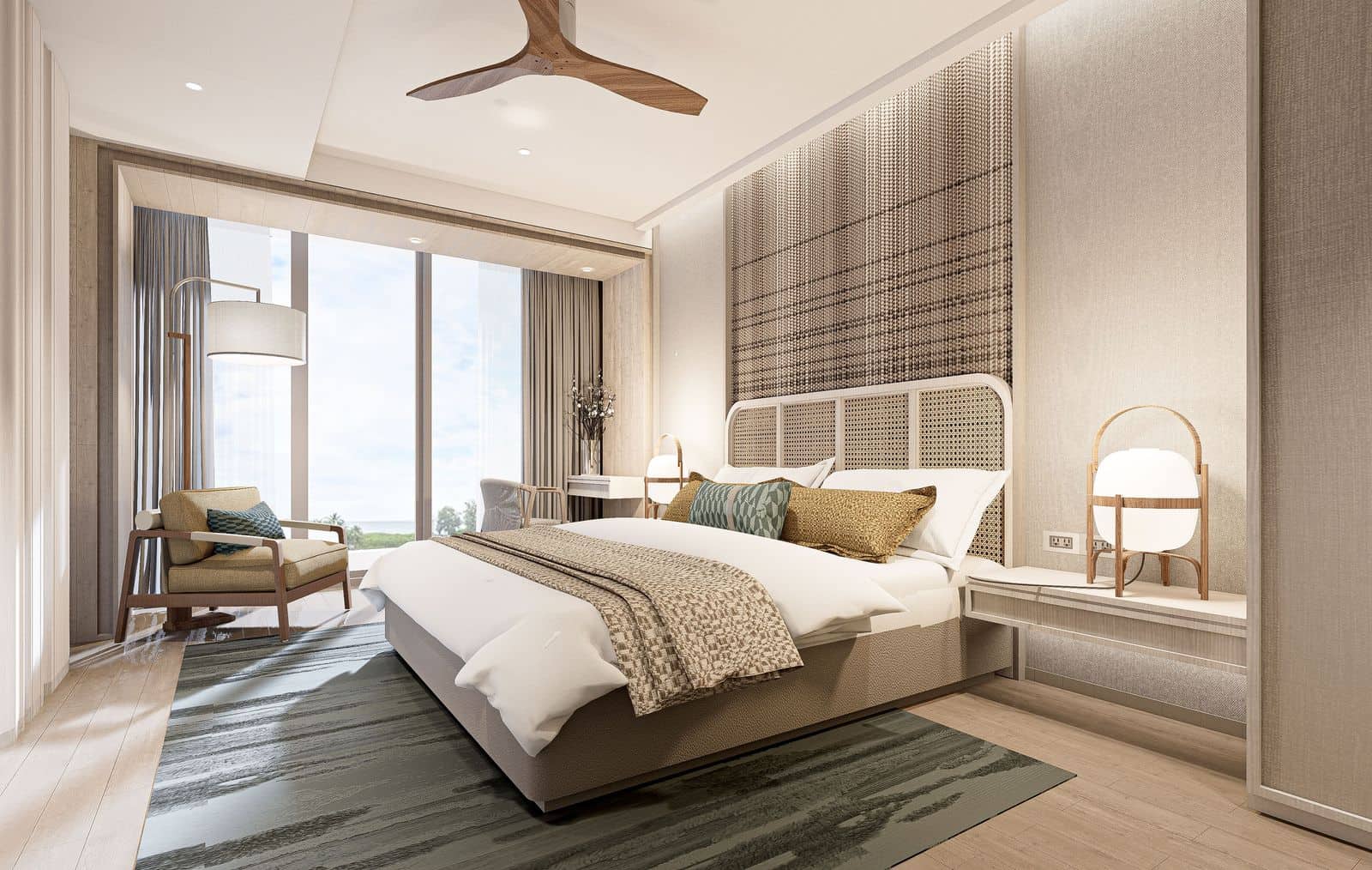 ภาพจำลองห้องนอนของห้องหนึ่งห้องนอนที่ Bellaguna Lake Residences Lotus มีหน้าต่างมองเห็นลากูนอยู่ทางซ้าย