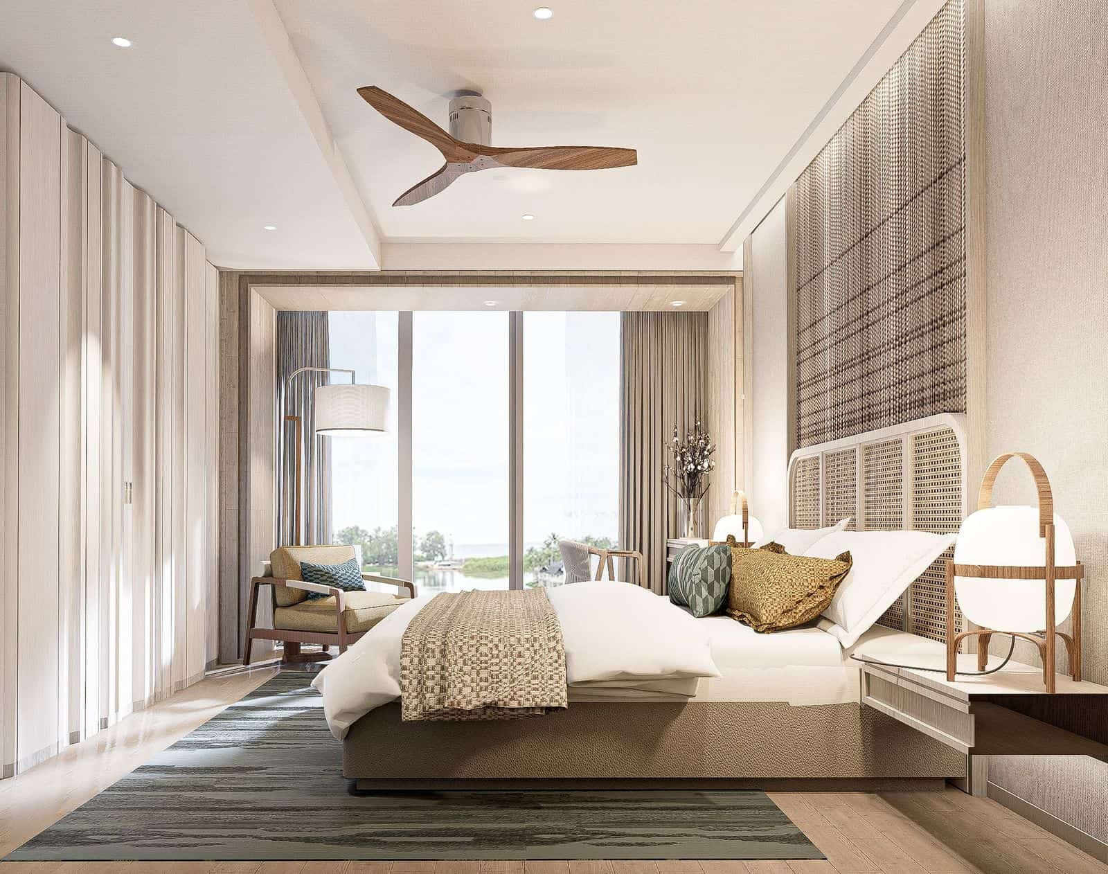 ภาพจำลองห้องนอนของห้องหนึ่งห้องนอนที่ Bellaguna Lake Residences Lotus มองจากประตู เห็นผนังกระจกและลากูนอยู่ไกลออกไป