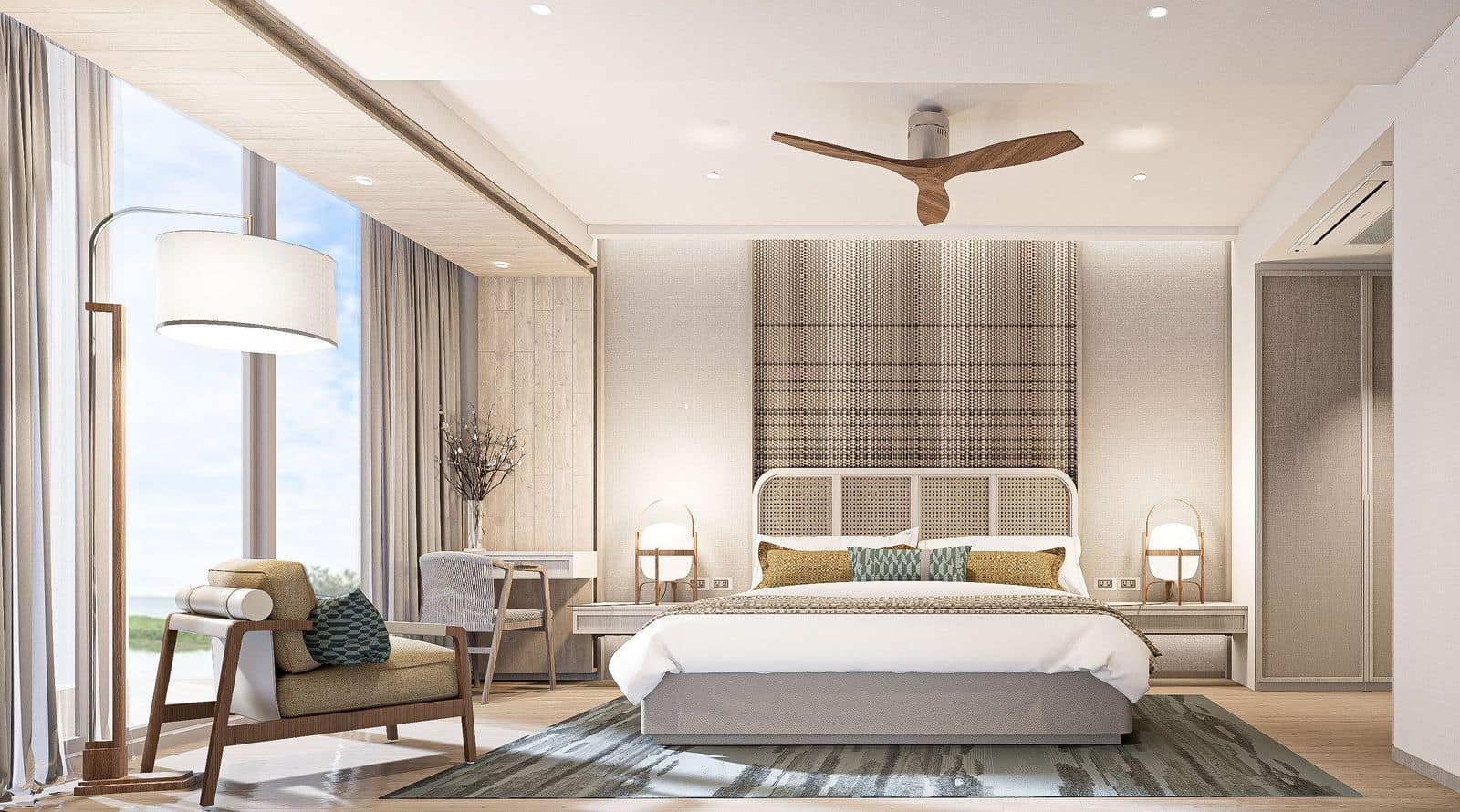 ภาพจำลองห้องนอนของห้องหนึ่งห้องนอนที่ Bellaguna Lake Residences Lotus มีเก้าอี้อ่านหนังสือข้างหน้าต่าง