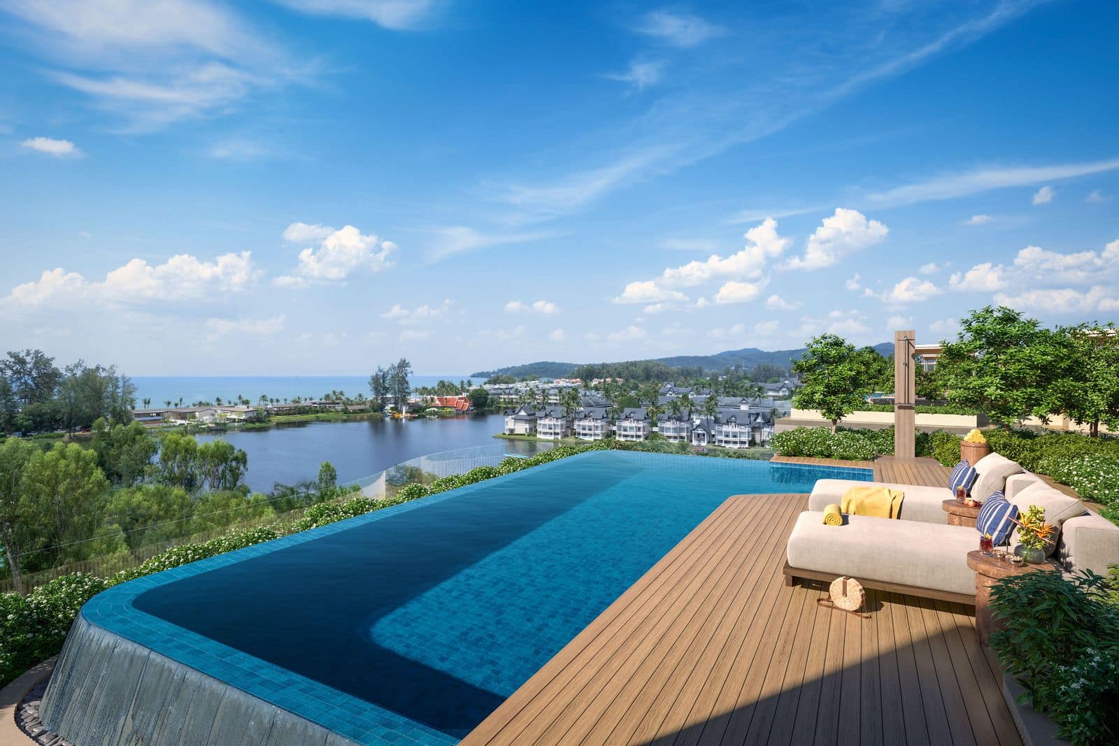 ภาพจำลองสระอินฟินิตี้และลานบนดาดฟ้าของ Bellaguna Lake Residences Lotus มองข้ามลากูนและ Laguna Phuket ไปจนถึงทะเล