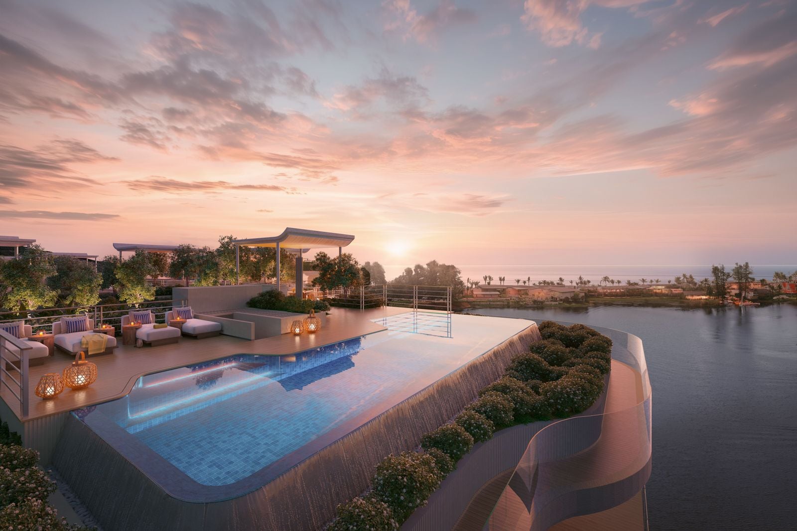 ภาพจำลองสระบนดาดฟ้าของ Bellaguna Lake Residences Lotus ยามพลบค่ำ มีไฟส่องตามขอบสระ และลากูนกับทะเลอยู่ไกลออกไป