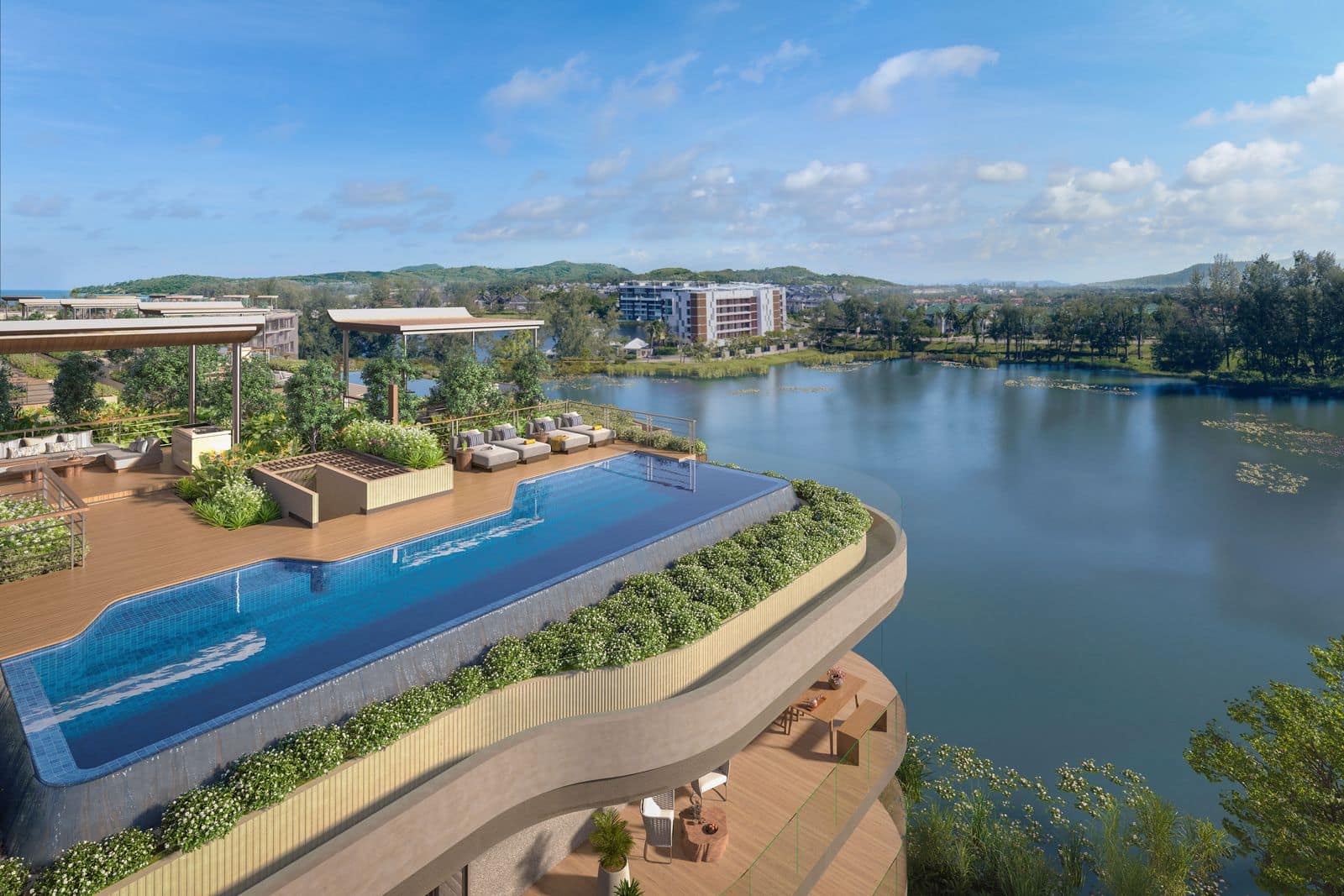 ภาพจำลองสระอินฟินิตี้บนดาดฟ้าของ Bellaguna Lake Residences Lotus เหนือลากูน มีเก้าอี้อาบแดดและลานปลูกต้นไม้