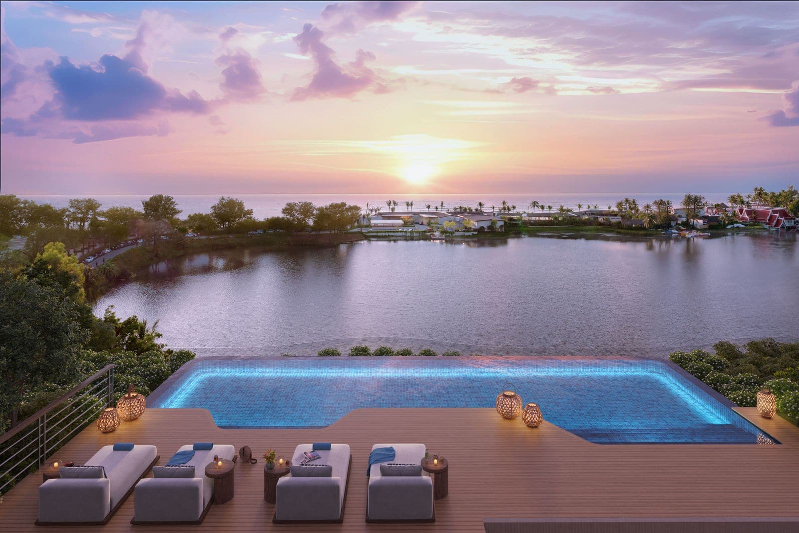 ภาพจำลองสระบนดาดฟ้าของ Bellaguna Lake Residences Lotus ยามพระอาทิตย์ตก มีเก้าอี้อาบแดดบนลาน และลากูนอยู่ด้านล่าง