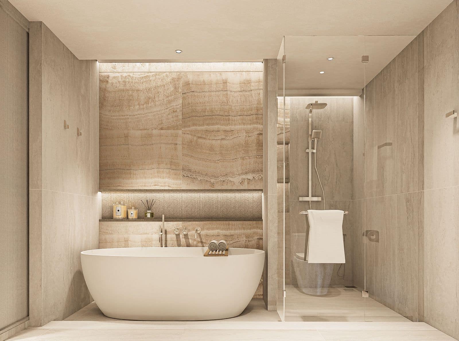ภาพจำลองห้องน้ำหลักของห้องสองห้องนอนที่ Bellaguna Lake Residences Lotus มีอ่างอาบน้ำแบบตั้งอิสระและฝักบัวกั้นกระจก