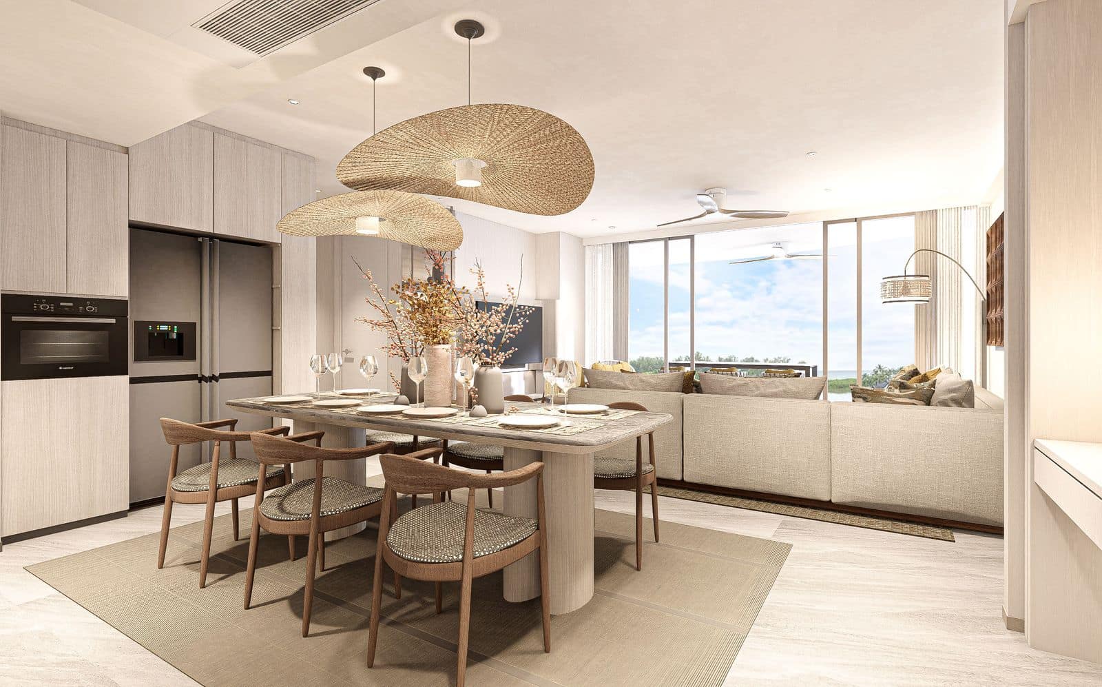 ภาพจำลองโต๊ะรับประทานอาหารและครัวของห้องสองห้องนอนที่ Bellaguna Lake Residences Lotus มีเตาอบบิลต์อินและตู้เย็นทรงสูง