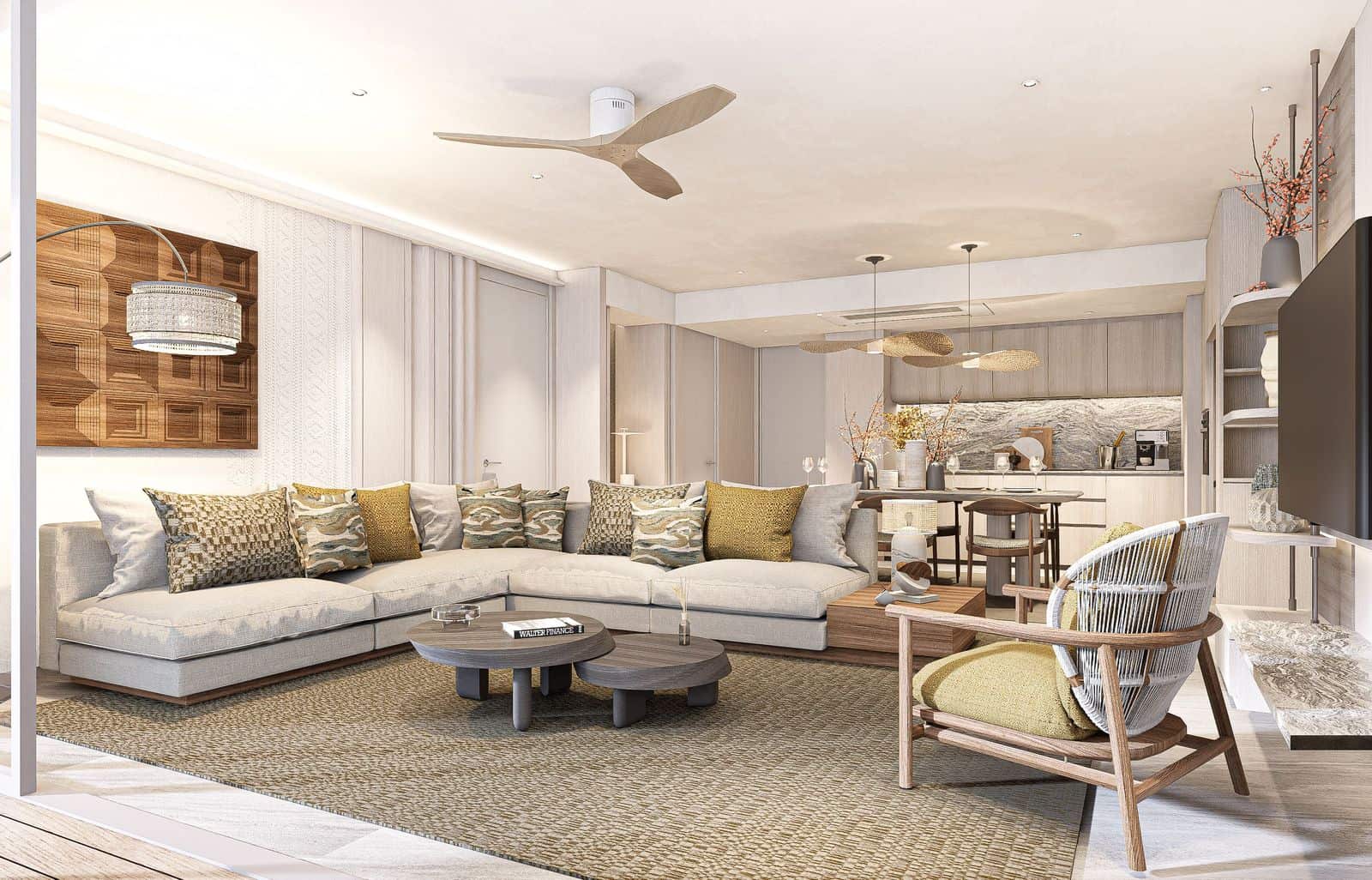 ภาพจำลองห้องนั่งเล่นของห้องสองห้องนอนที่ Bellaguna Lake Residences Lotus มีโต๊ะรับประทานอาหารและครัวอยู่ด้านหลัง