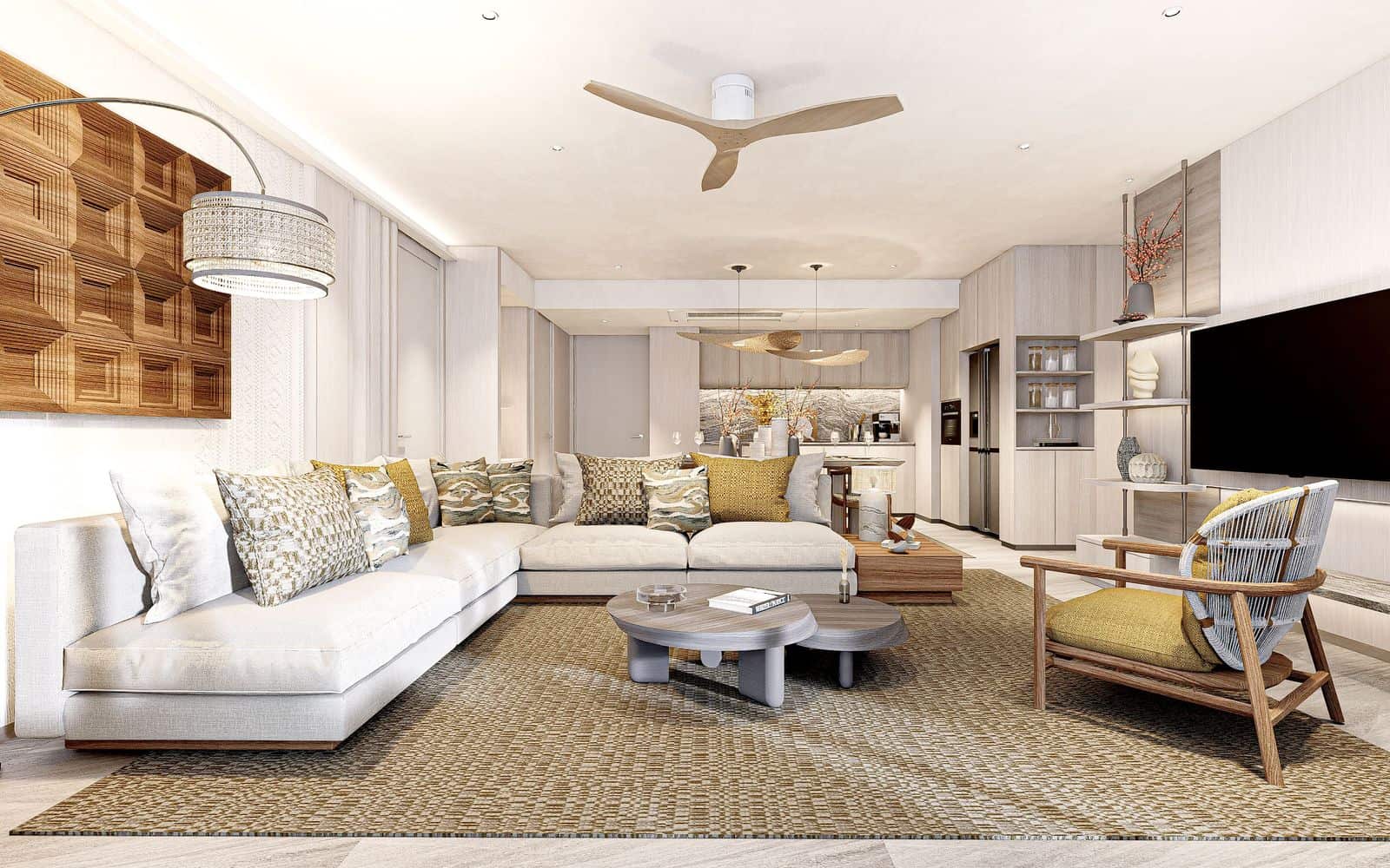 ภาพจำลองห้องนั่งเล่นและครัวของห้องสองห้องนอนที่ Bellaguna Lake Residences Lotus มีโซฟายาวและพรมทอ