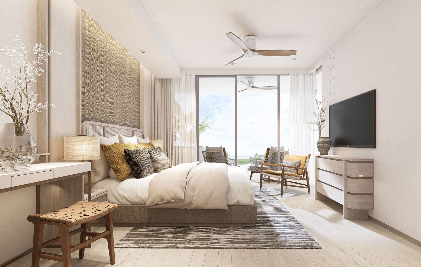 ภาพจำลองห้องนอนหลักของห้องสองห้องนอนที่ Bellaguna Lake Residences Lotus มีโต๊ะเครื่องแป้งและหน้าต่างมองเห็นลากูน