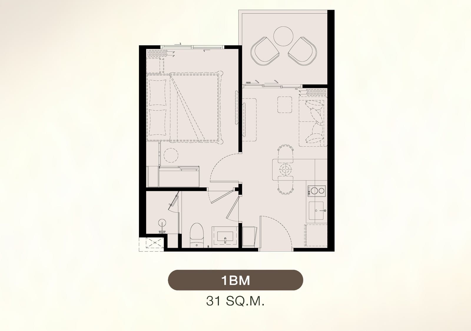 แบบแปลนของผู้พัฒนาสำหรับห้อง 1 ห้องนอนแบบ 1BM ที่ Biancana Surin ภูเก็ต 31 ตารางเมตร