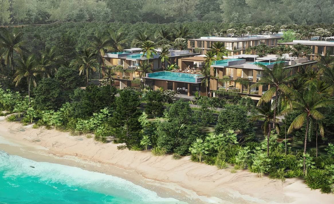 ภาพจำลองจากคอมพิวเตอร์ของอาคารสองหลังของ ETRO Residences ใน Gardens of Eden ภูเก็ต จากมุมสูง มีสระบนดาดฟ้า อยู่หลังหาด Bang Tao
