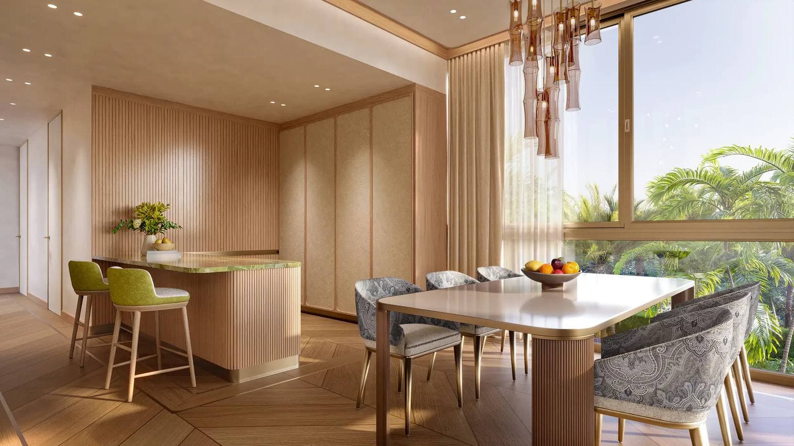 Phuket、Gardens of Eden 的 ETRO Residences 一個 Penthouse 的餐桌及廚房電腦效果圖,設玻璃吊燈,望向花園
