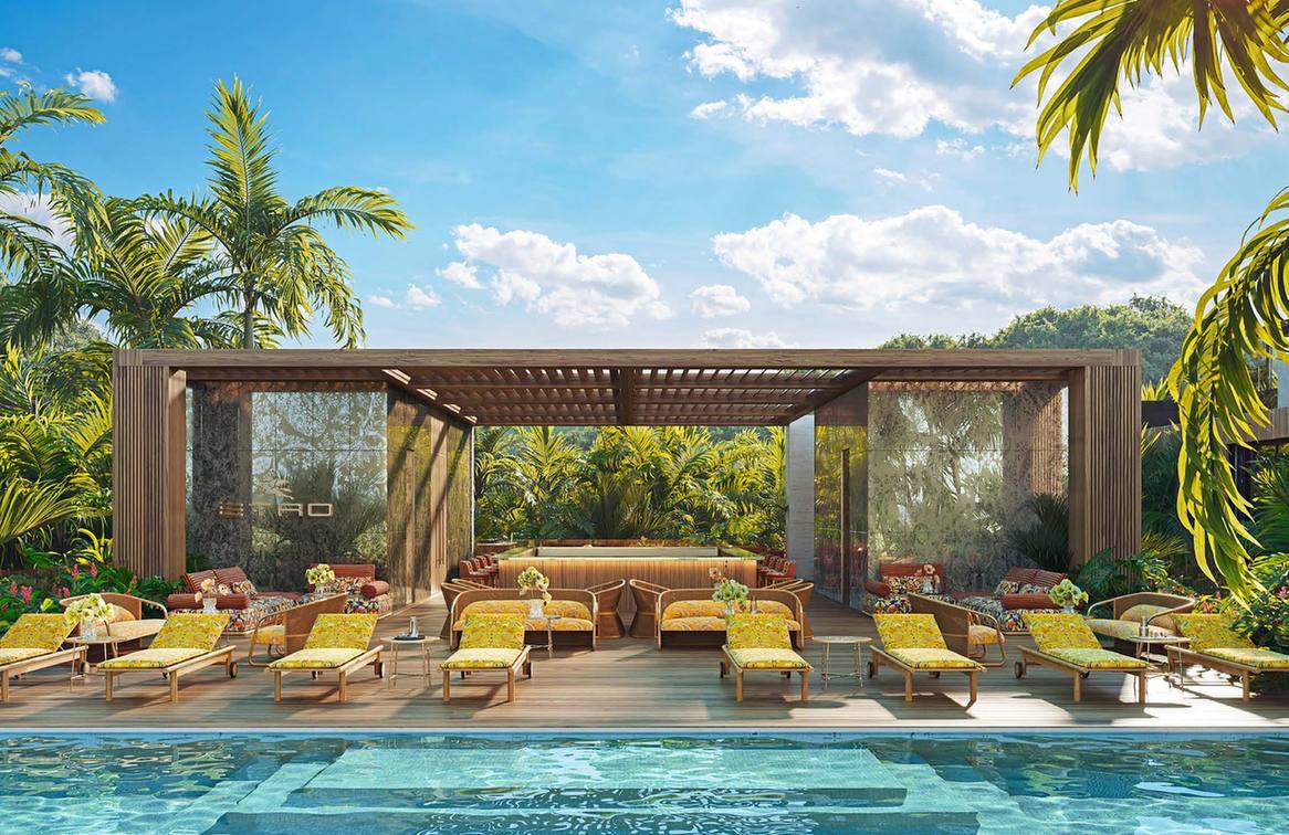 Phuket、Gardens of Eden 的 ETRO Residences 主泳池平台電腦效果圖,設棚架及日光躺椅