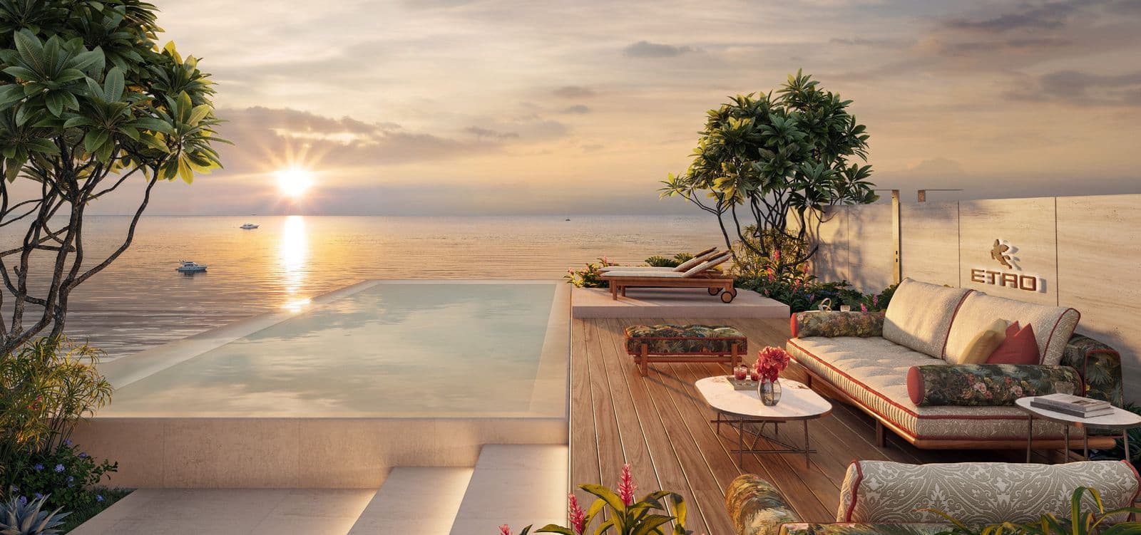 日落時 Phuket、Gardens of Eden 的 ETRO Residences 一個 Penthouse 的天台無邊際泳池及日光床電腦效果圖,面向安達曼海