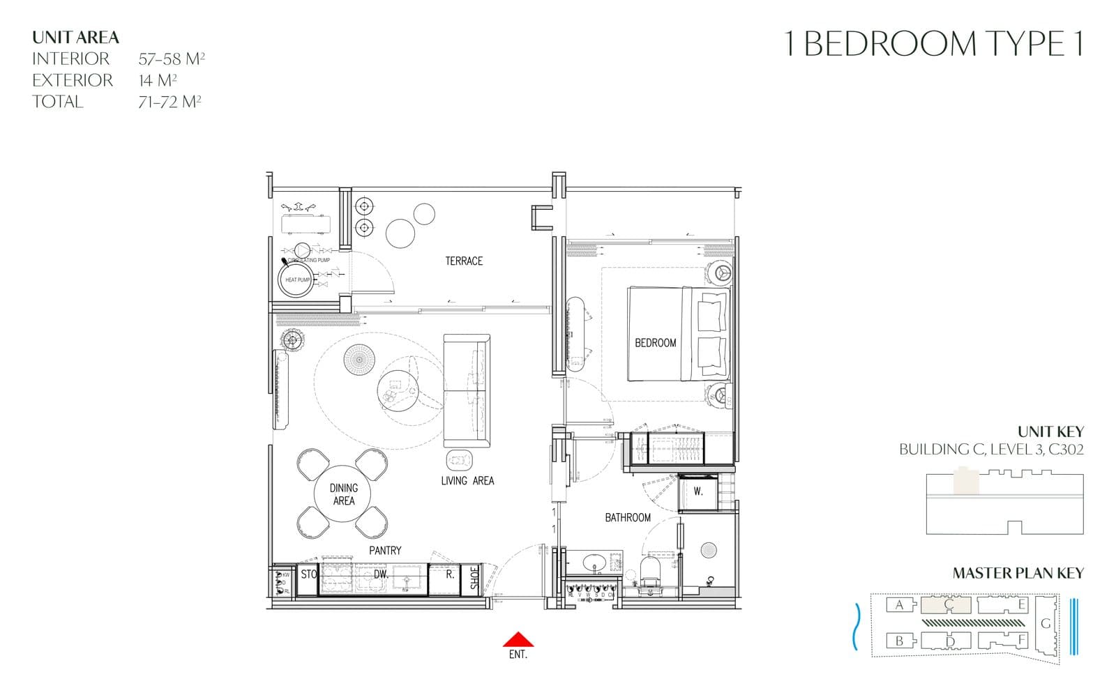 建商的 Phuket、Gardens of Eden 的 Eden Residences 一房平面圖,71 至 72 平方公尺,C302 號住宅