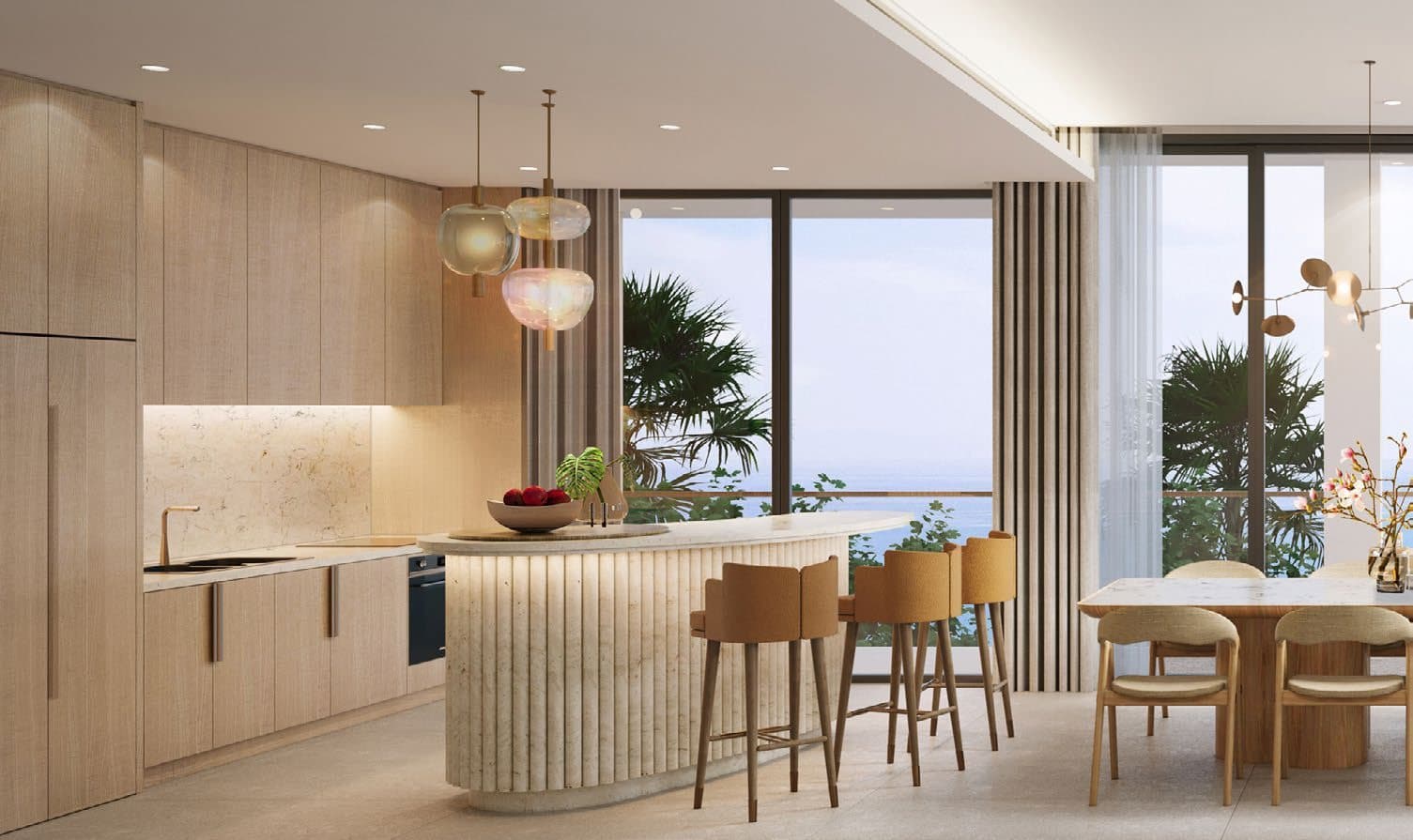 Phuket、Gardens of Eden 的 Eden Residences 一個 Penthouse 的廚房及餐桌電腦效果圖,設中島,可見海景