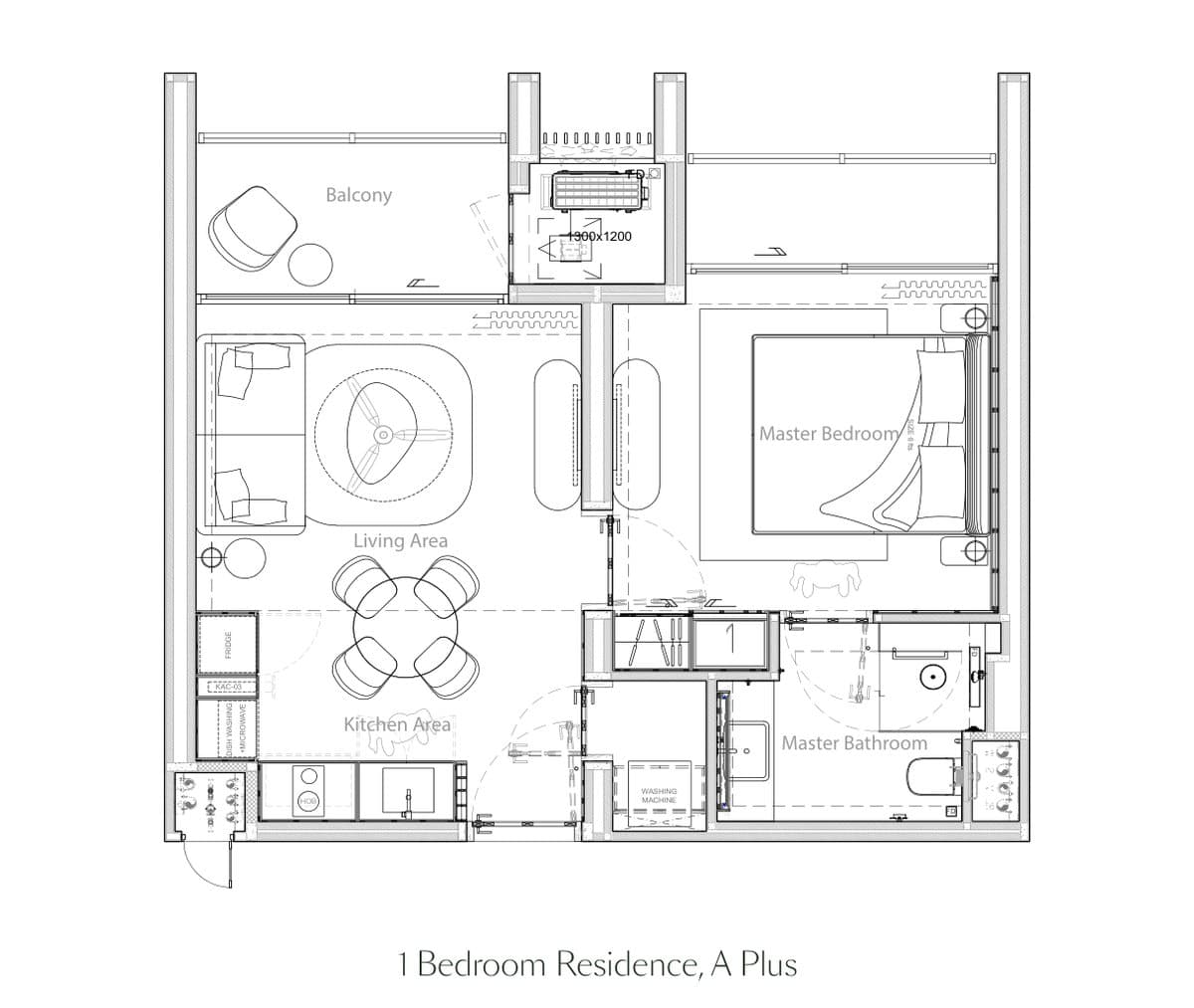 Developer's floor plan of the type A Plus one-bedroom of 52 square metres at Lake Residences, Gardens of Eden, Phuket
