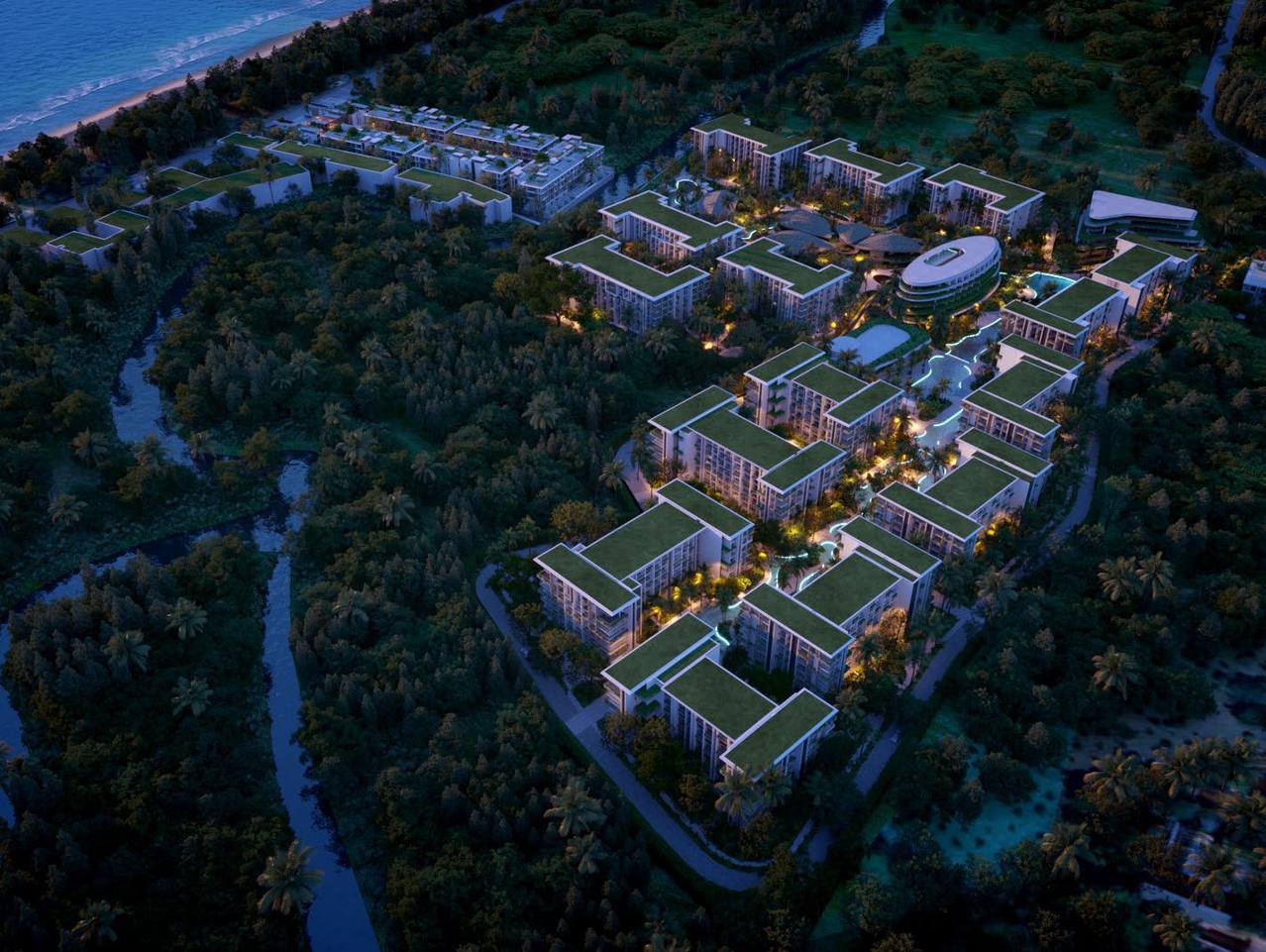Computer-generated render of Lake Residences, Gardens of Eden, Phuket, from the air at night: nine lit buildings among the trees of the estate
