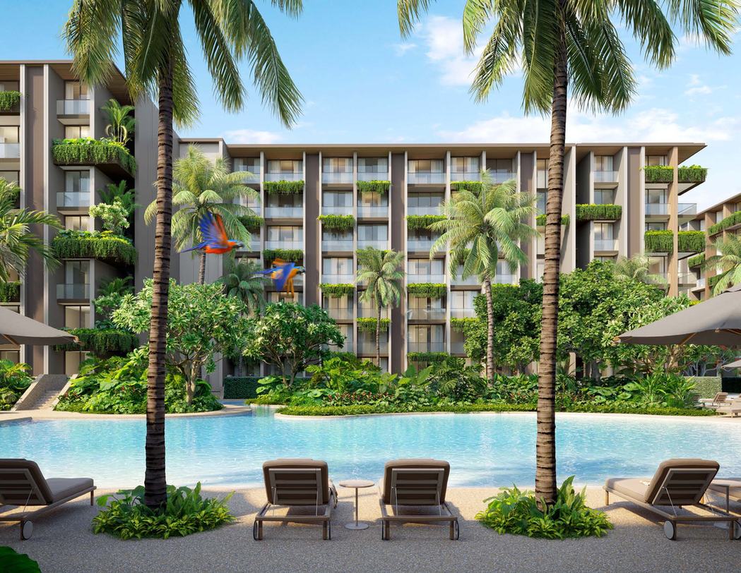 Computer-generated render of a pool terrace with sun loungers under palms in front of a building of Lake Residences, Gardens of Eden, Phuket