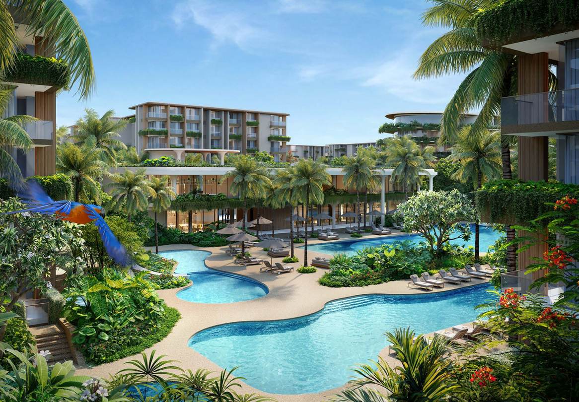 Computer-generated render of the winding pools and gardens between the buildings of Lake Residences, Gardens of Eden, Phuket