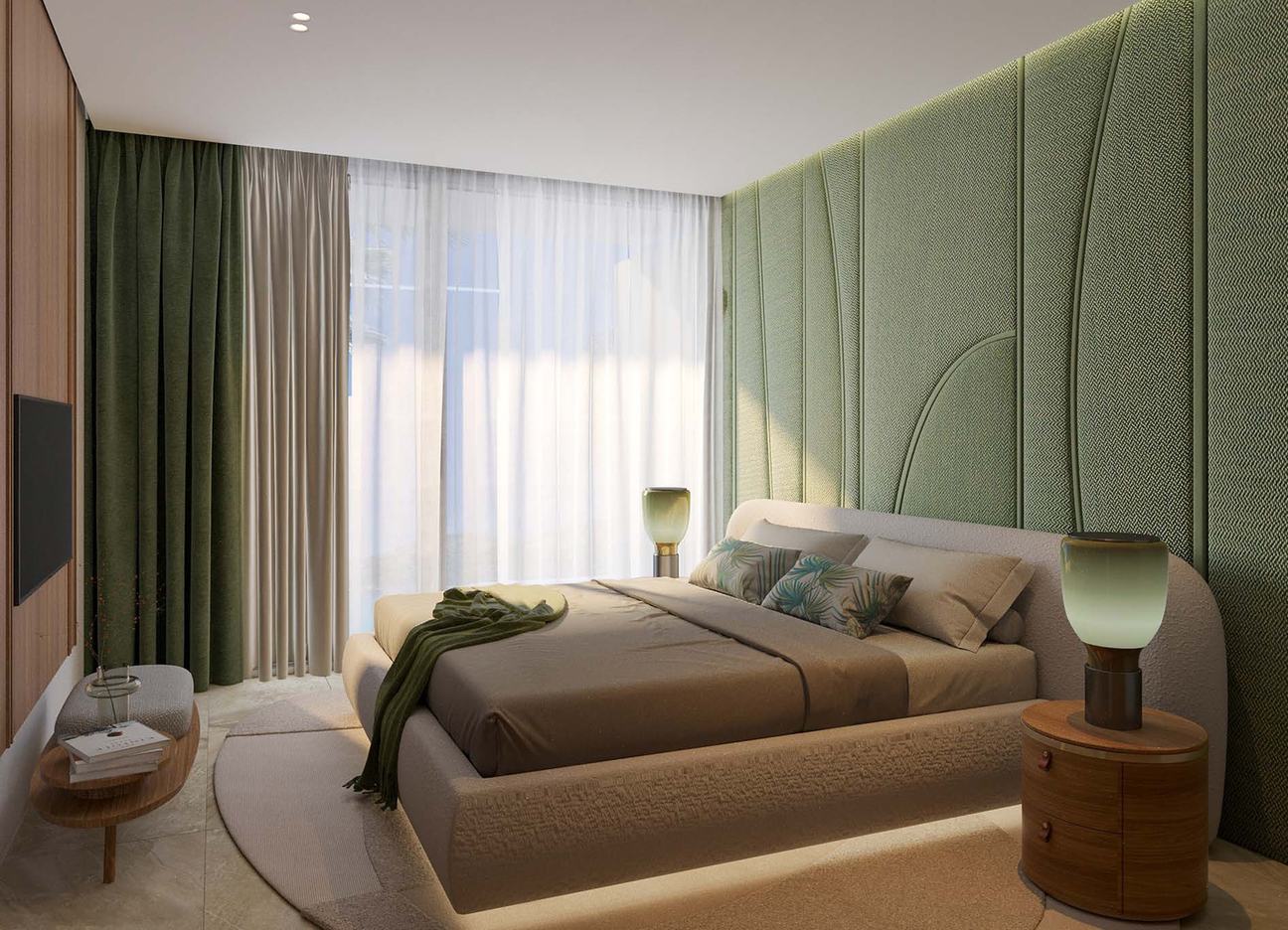 ภาพจำลองจากคอมพิวเตอร์ของห้องนอนที่ Park Residences ใน Gardens of Eden ภูเก็ต ผนังบุผ้าสีเขียว มองเห็นสวน
