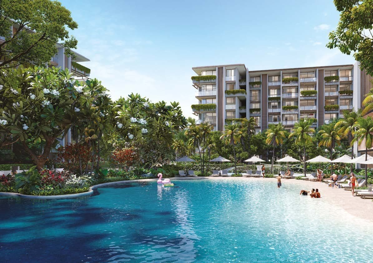 ภาพจำลองจากคอมพิวเตอร์ของสระลากูนขอบทรายที่ Park Residences ใน Gardens of Eden ภูเก็ต มีอาคารพักอาศัยอยู่ด้านหลัง