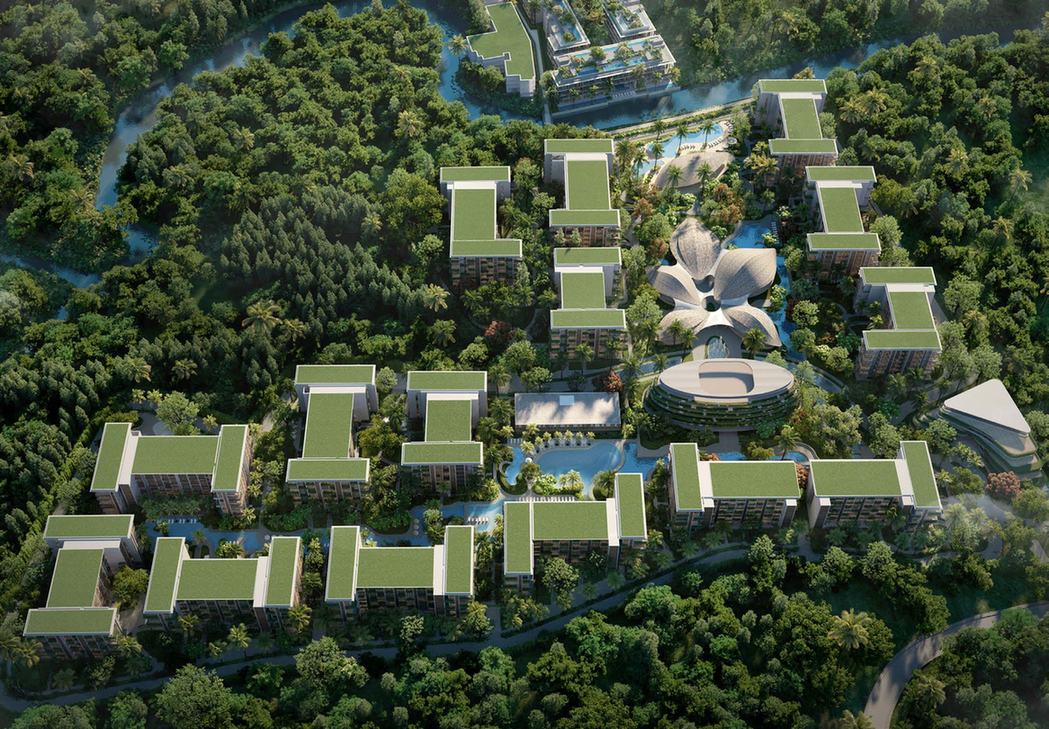 從空中看 Phuket、Gardens of Eden 的 Park Residences 六座建築的電腦效果圖,綠化屋頂之間是葉片形的養生中心