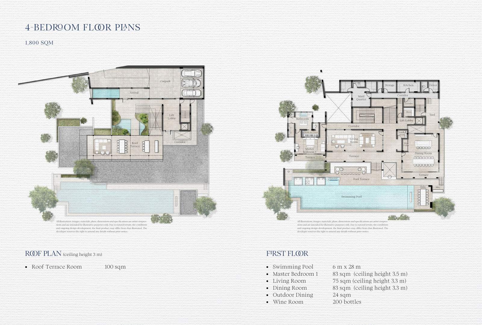 แปลนของผู้พัฒนา วิลลาสี่ห้องนอน 1,800 ตารางเมตร ที่ Kamala Residences ภูเก็ต ชั้นทางเข้าพร้อมดาดฟ้า และชั้นหนึ่งพร้อมสระขนาด 6 x 28 เมตร