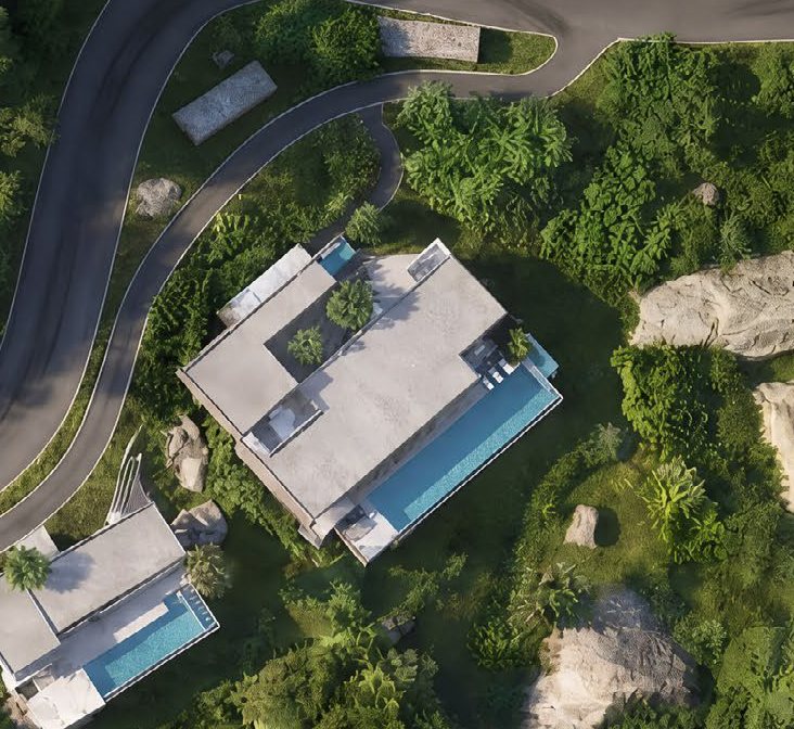 Kamala Residences(Phuket)13 號別墅鳥瞰電腦效果圖:位於項目最高處、近道路的六臥室別墅,連長形泳池