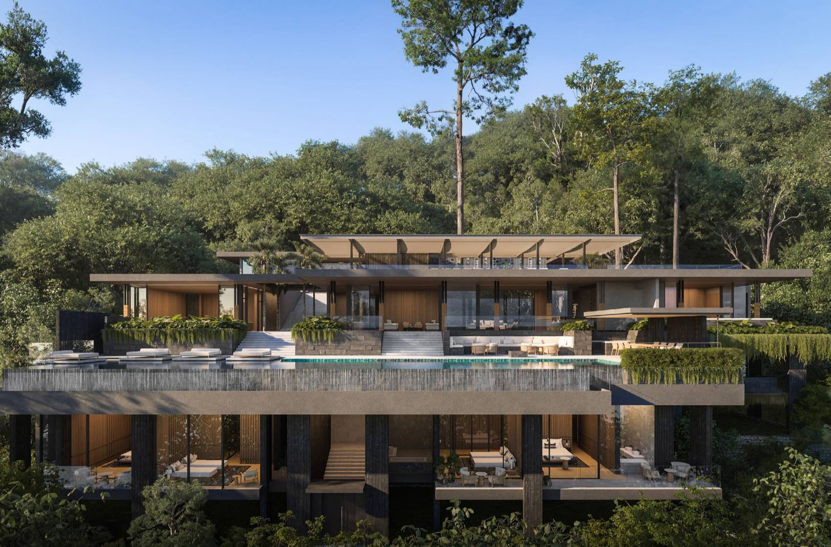 Phuket、Millionaire's Mile、Kamala Residences 一栋三层别墅的效果图:无边际泳池悬于树林之上