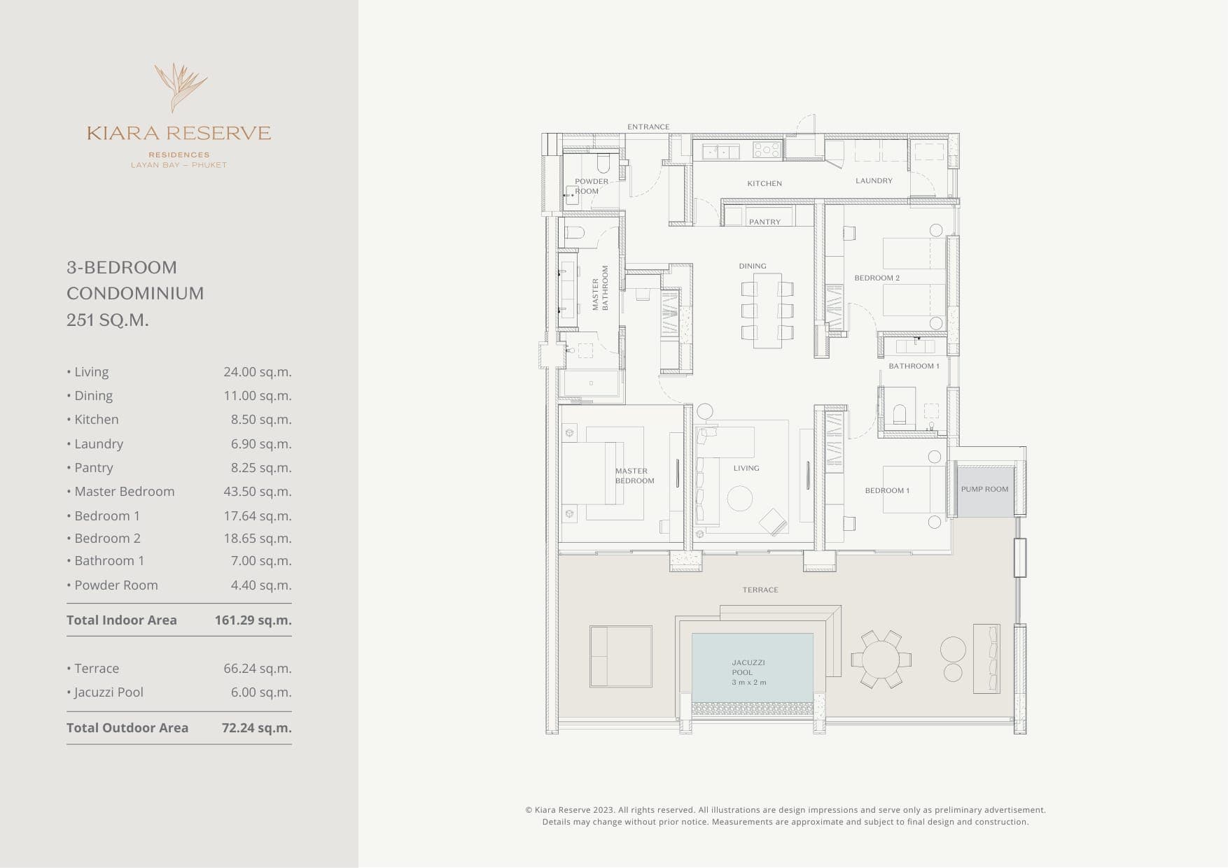 Developer's floor plan of the three-bedroom condominium at Kiara Reserve Residences, 251 square metres: living, dining, kitchen, pantry, laundry, three bedrooms and a terrace with a jacuzzi pool