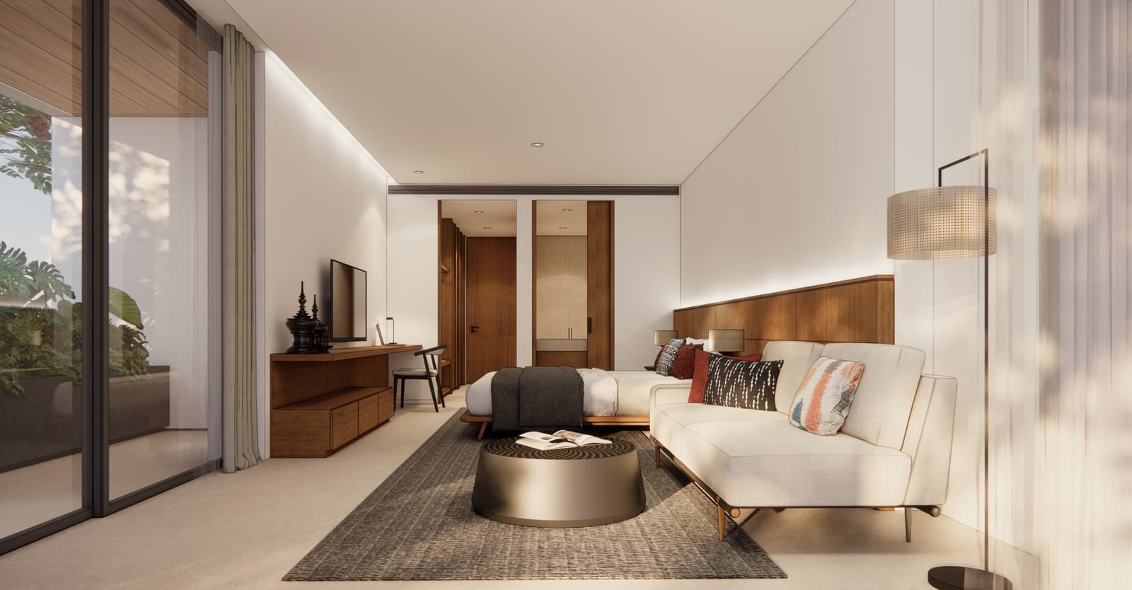 Спальня пентхауса в Kiara Reserve Residences, Пхукет, визуализация застройщика: уголок для отдыха и стеклянная стена