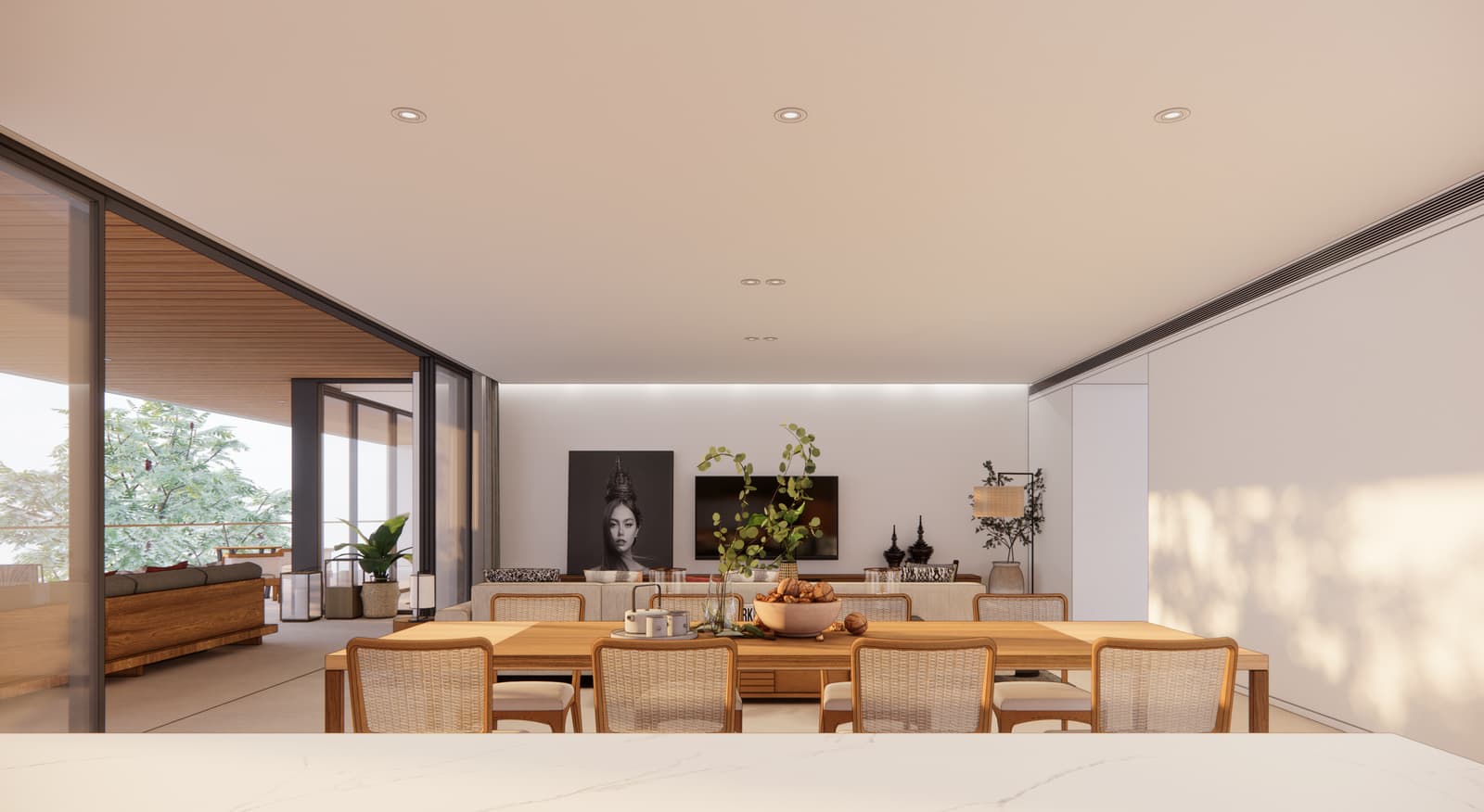 Столовая пентхауса в Kiara Reserve Residences, Пхукет, визуализация застройщика: длинный стол под тиковым потолком