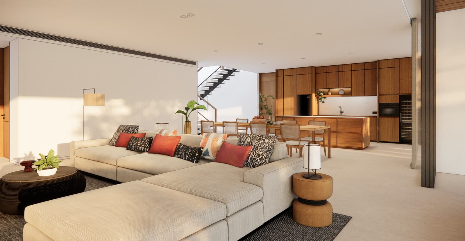 Гостиная пентхауса в Kiara Reserve Residences, Пхукет, визуализация застройщика: белые диваны, тиковый потолок и остекление к террасе