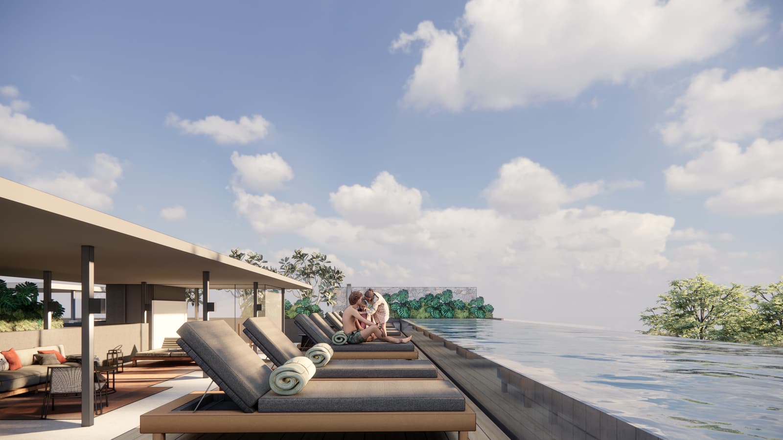 Бассейн на крыше пентхауса в Kiara Reserve Residences, Пхукет, визуализация застройщика: длинный бассейн вдоль края террасы и море за ним
