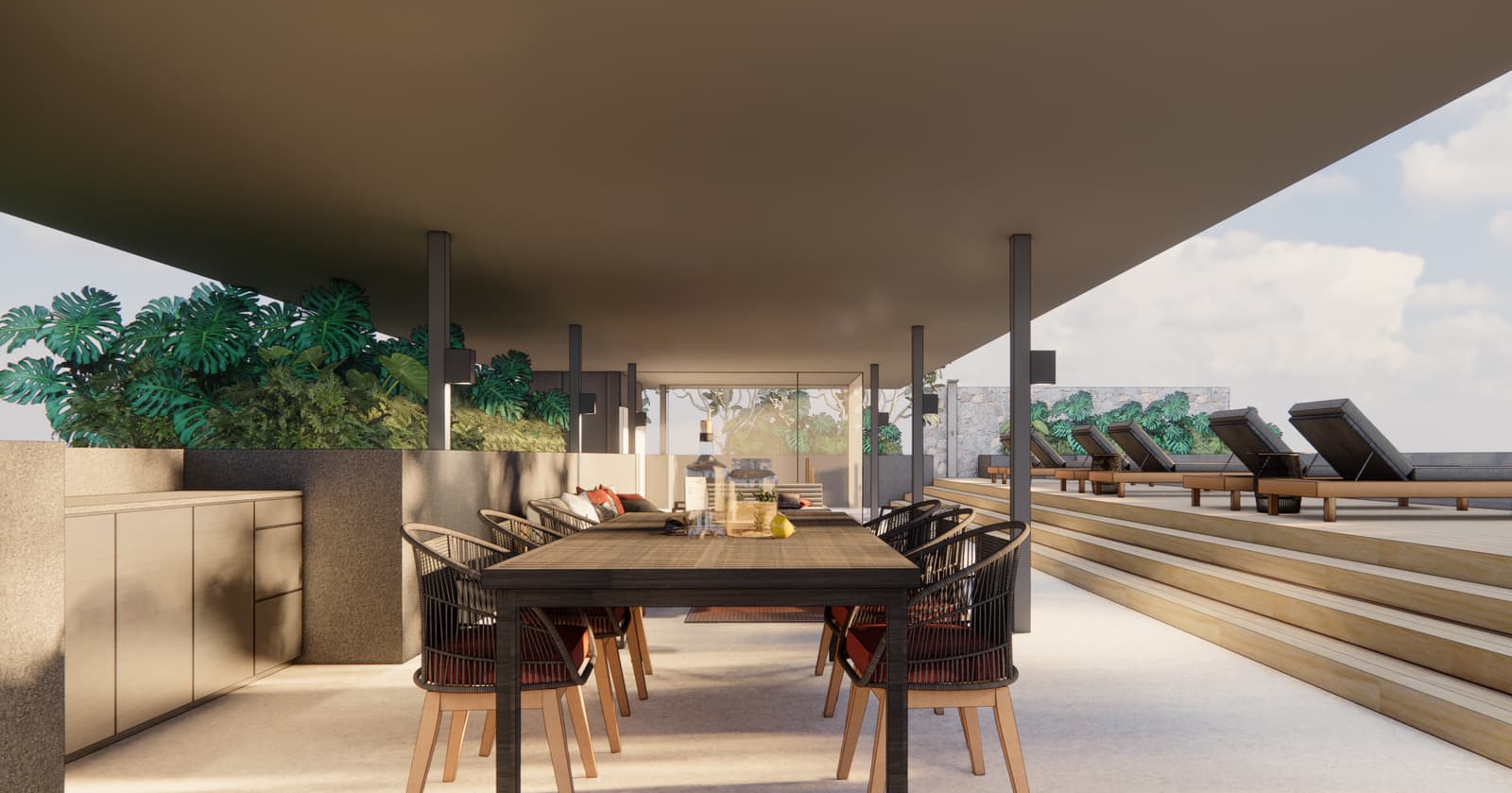 Терраса на крыше пентхауса в Kiara Reserve Residences, Пхукет, визуализация застройщика: обеденный стол и шезлонги под навесом