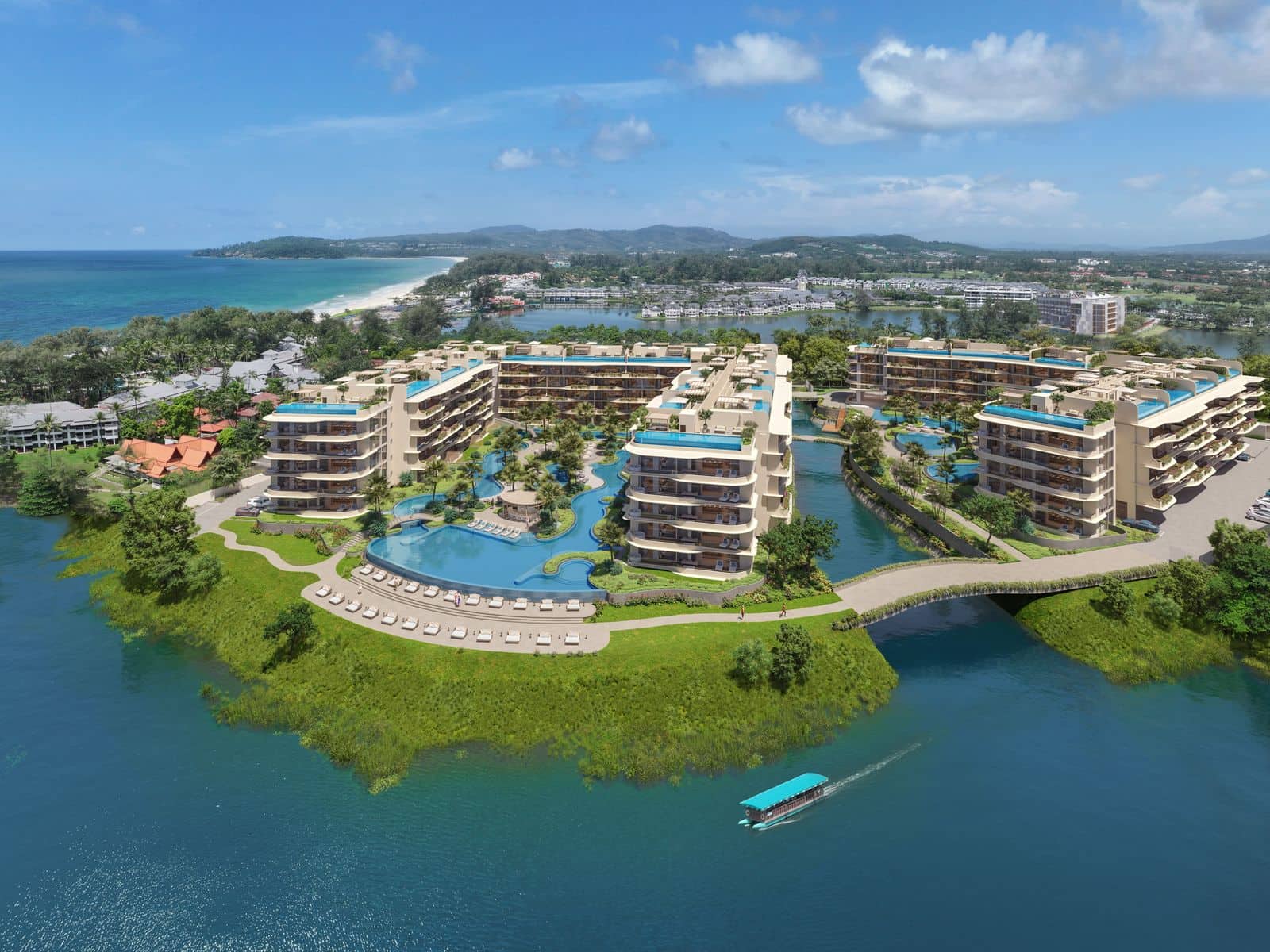 從潟湖上空看 Laguna Beach Residences Bayside 的高空電腦效果圖:大樓、泳池平台與一道行人橋,水面上有一艘船