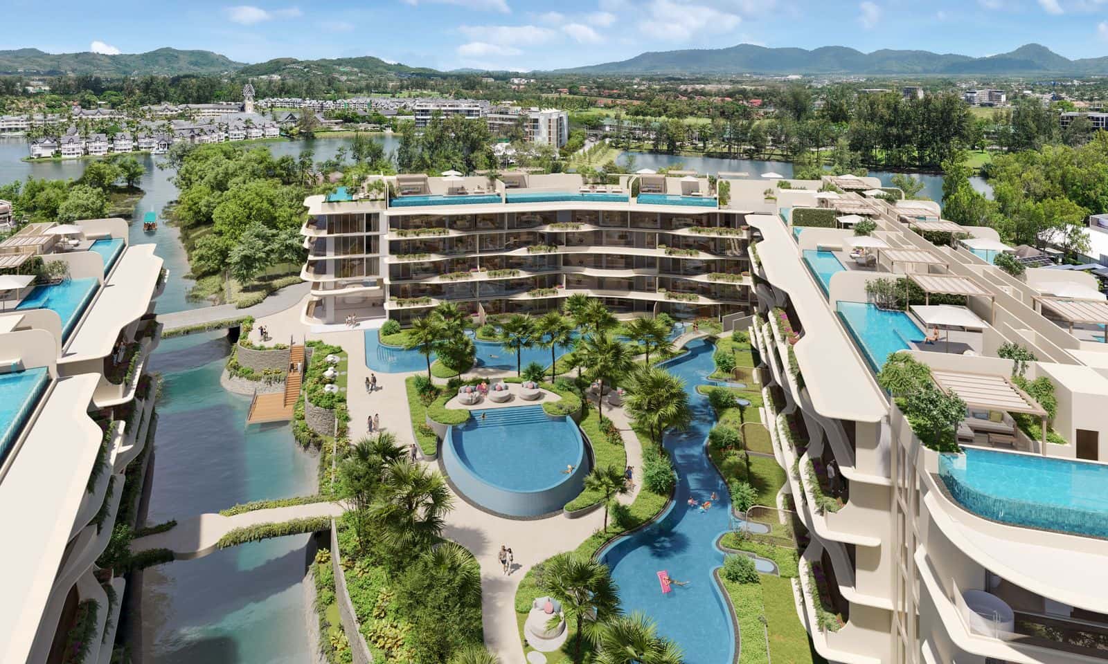 俯瞰 Laguna Beach Residences Bayside 庭園的電腦效果圖:兩座大樓之間的運河與行人橋、一個圓形泳池與一個蜿蜒的泳池,頂層沿線是頂層單位的天台泳池