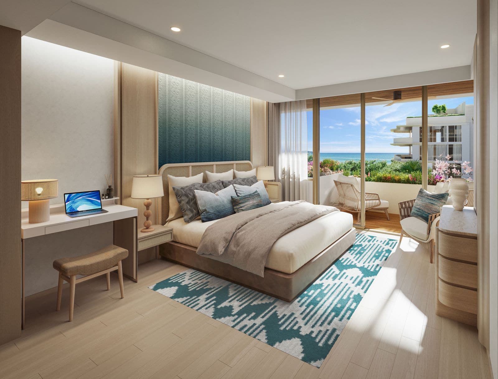 Laguna Beach Residences Bayside 兩房住宅臥室的電腦效果圖:設書桌,玻璃門通往種有植物的露台,從兩座大樓之間可略見大海