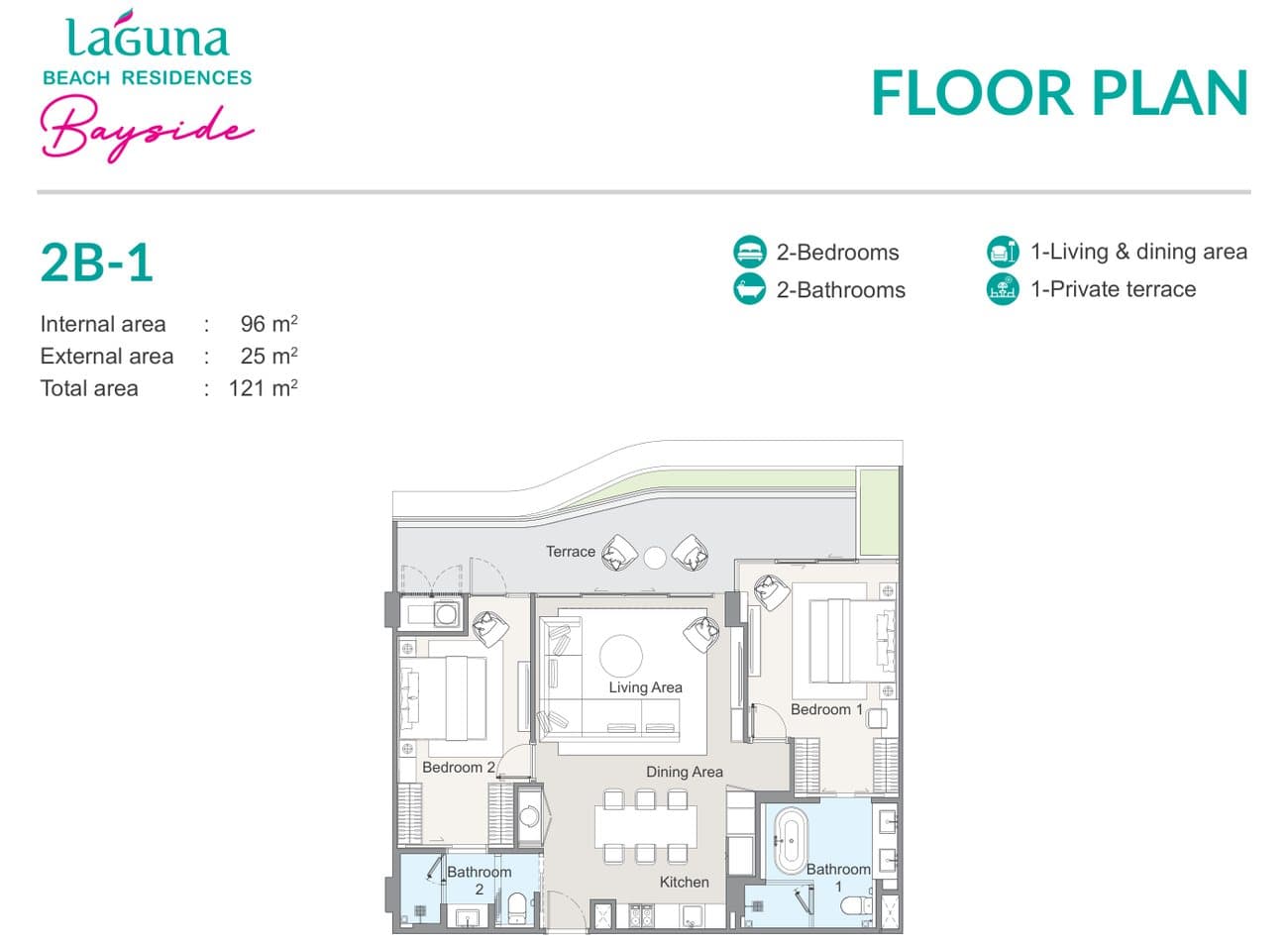 แบบแปลนของผู้พัฒนาสำหรับห้องสองห้องนอนแบบ 2B-1 ที่ Laguna Beach Residences Bayside พื้นที่ภายใน 96 ตร.ม. และระเบียง 25 ตร.ม. รวม 121 ตร.ม.