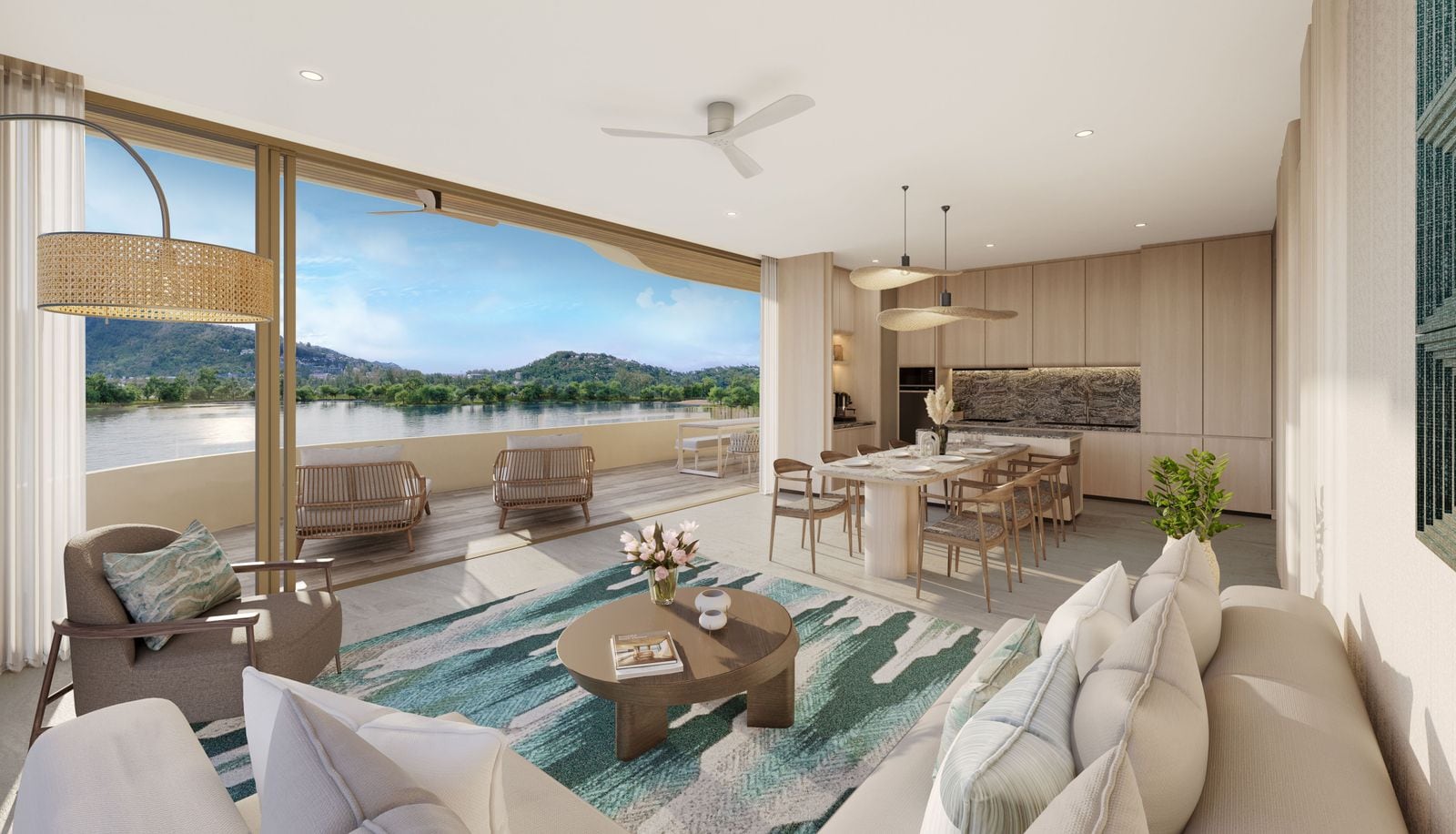 Laguna Beach Residences Bayside 三房住宅客廳、餐桌與廚房的電腦效果圖:向露台敞開,望向潟湖與山丘