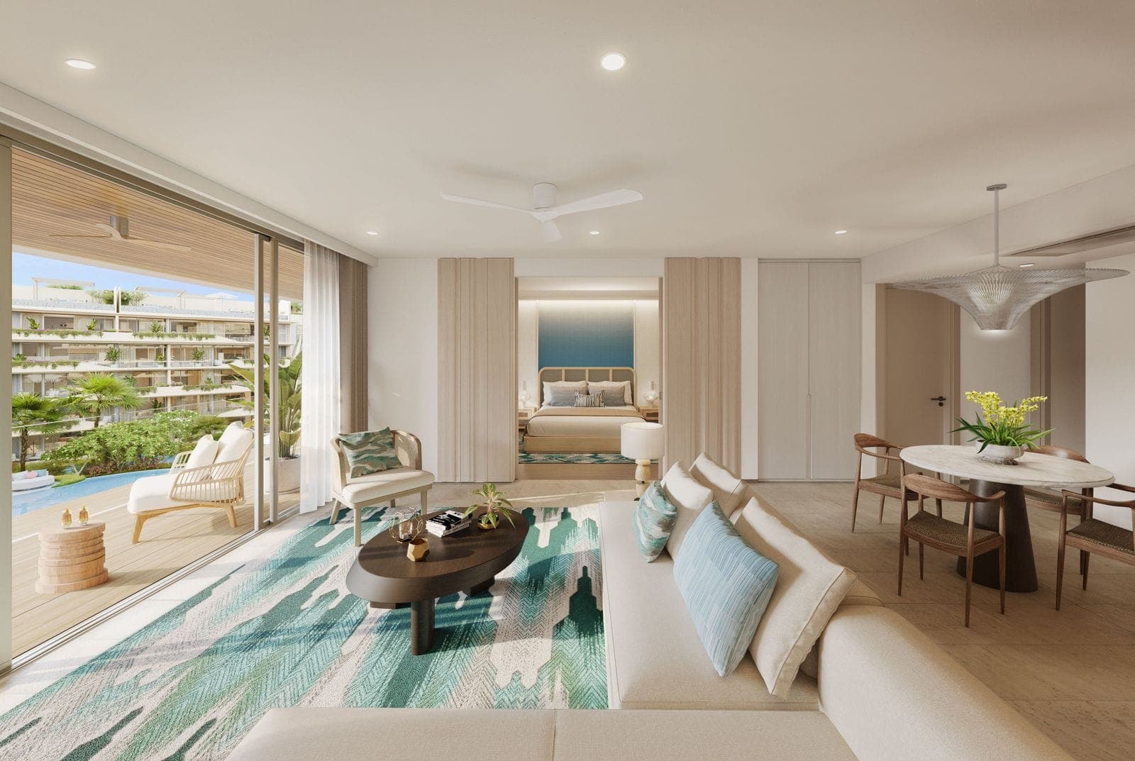 ภาพจำลองห้องนั่งเล่นและส่วนรับประทานอาหารของห้องหนึ่งห้องนอนที่ Laguna Beach Residences Bayside ห้องนอนอยู่หลังฉากบานเลื่อน และระเบียงเปิดออกสู่สระว่ายน้ำ