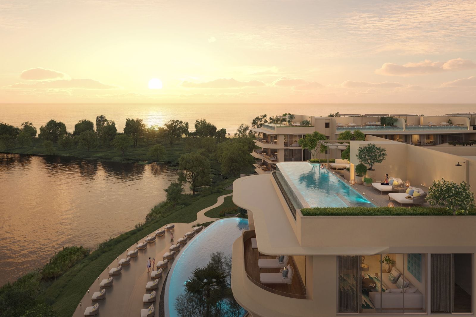 日落時分 Laguna Beach Residences Bayside 一個頂層單位的電腦效果圖:天台上的私人泳池位於潟湖之上,下方是潟湖畔的泳池平台