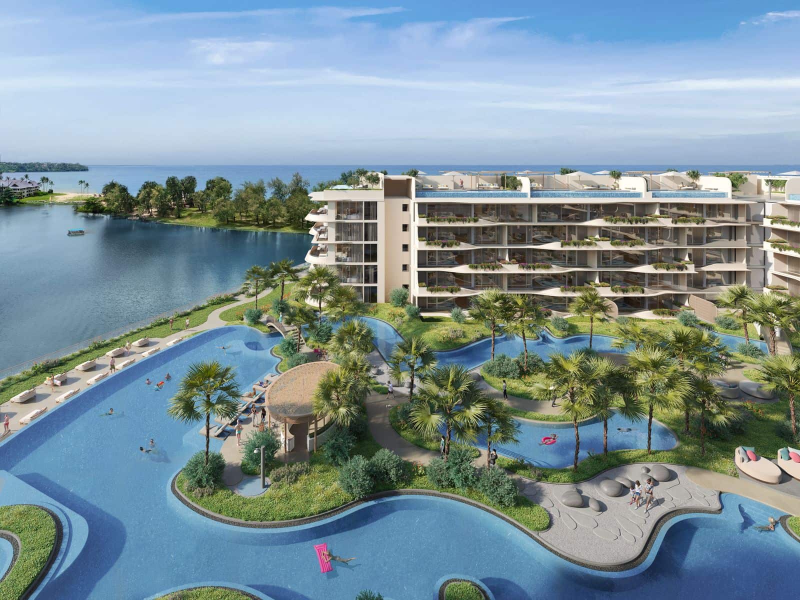 Laguna Beach Residences Bayside 自由形泳池的電腦效果圖:泳池中央是圓形池畔酒吧,後方是住宅大樓,左邊是潟湖