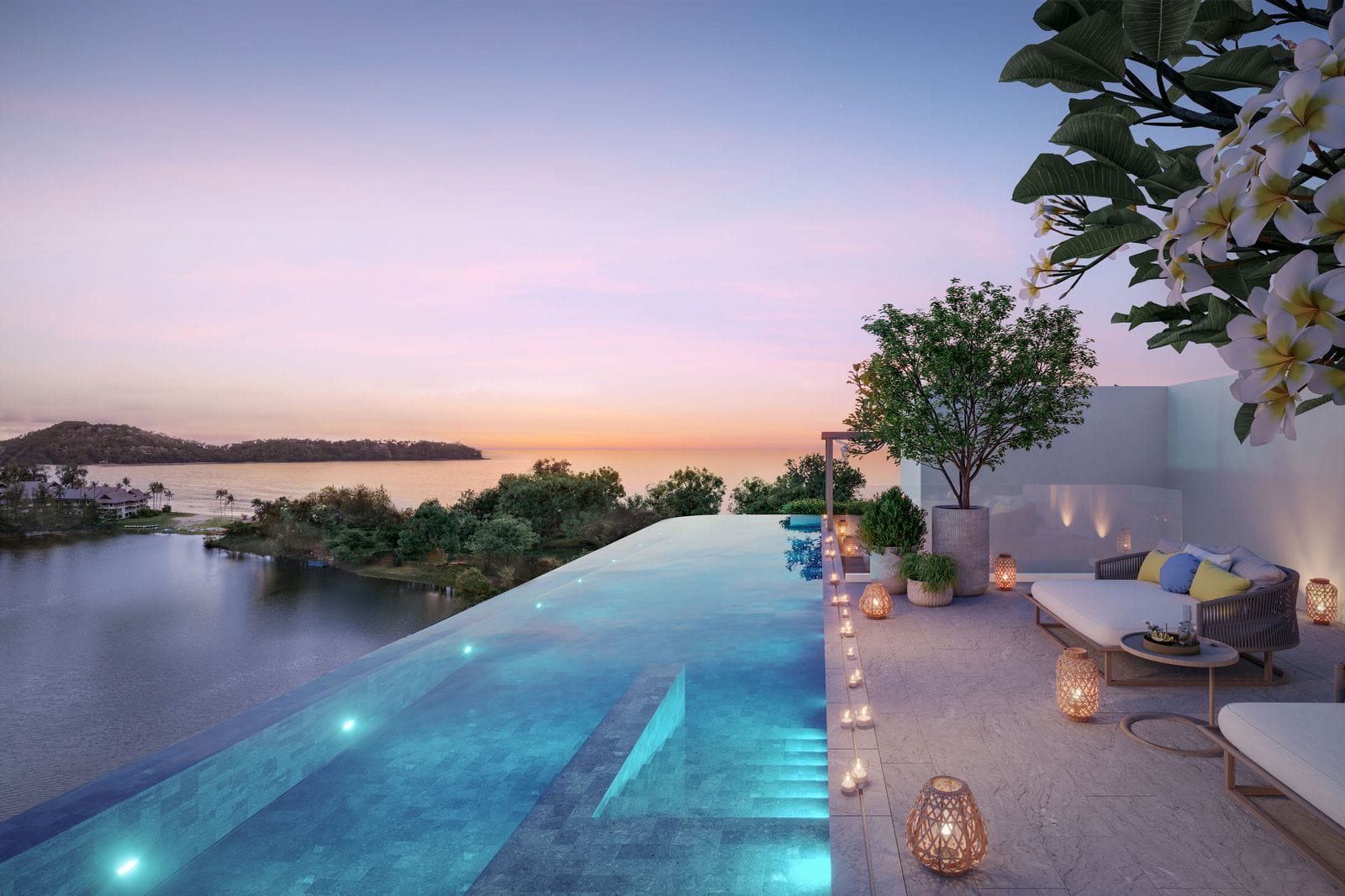 黃昏時分 Laguna Beach Residences Bayside 頂層單位天台泳池的電腦效果圖:平台沿線放著燈籠與雞蛋花,遠處是潟湖與大海